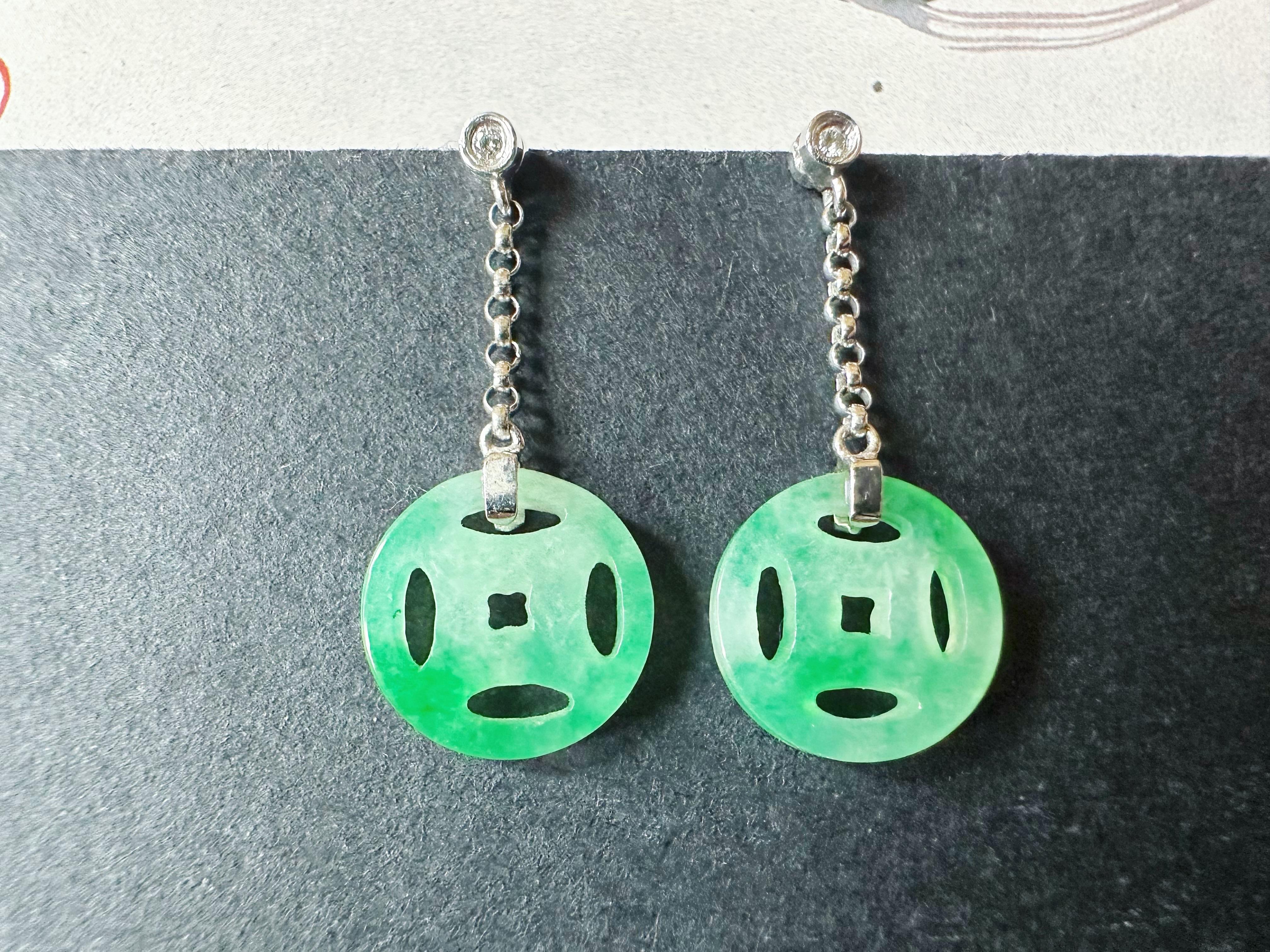 Artisan Natural Myanmar Moss on Snow Green Jade Dangling Earrings in 18K Gold & Diamond For Sale
