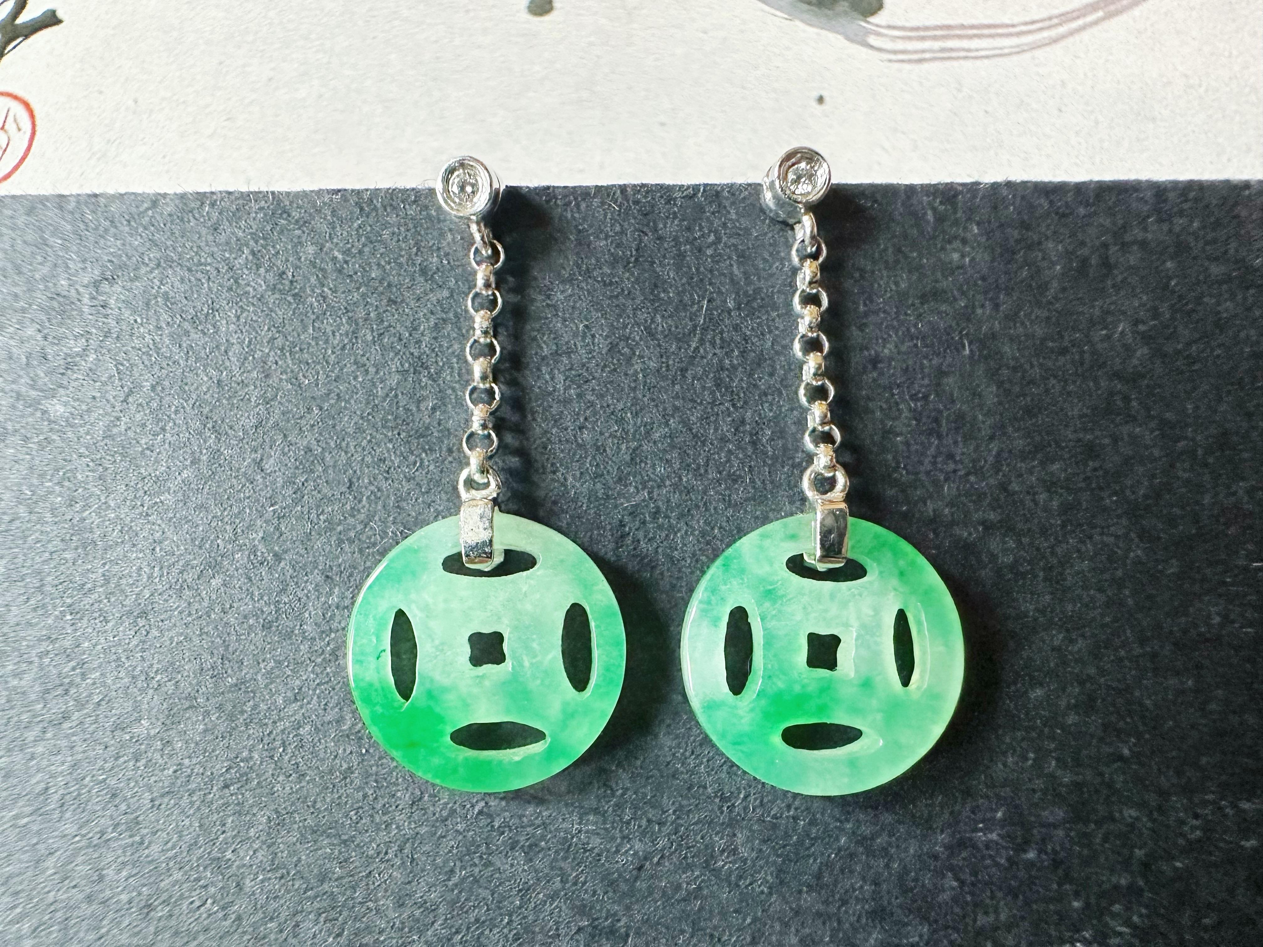 Round Cut Natural Myanmar Moss on Snow Green Jade Dangling Earrings in 18K Gold & Diamond For Sale