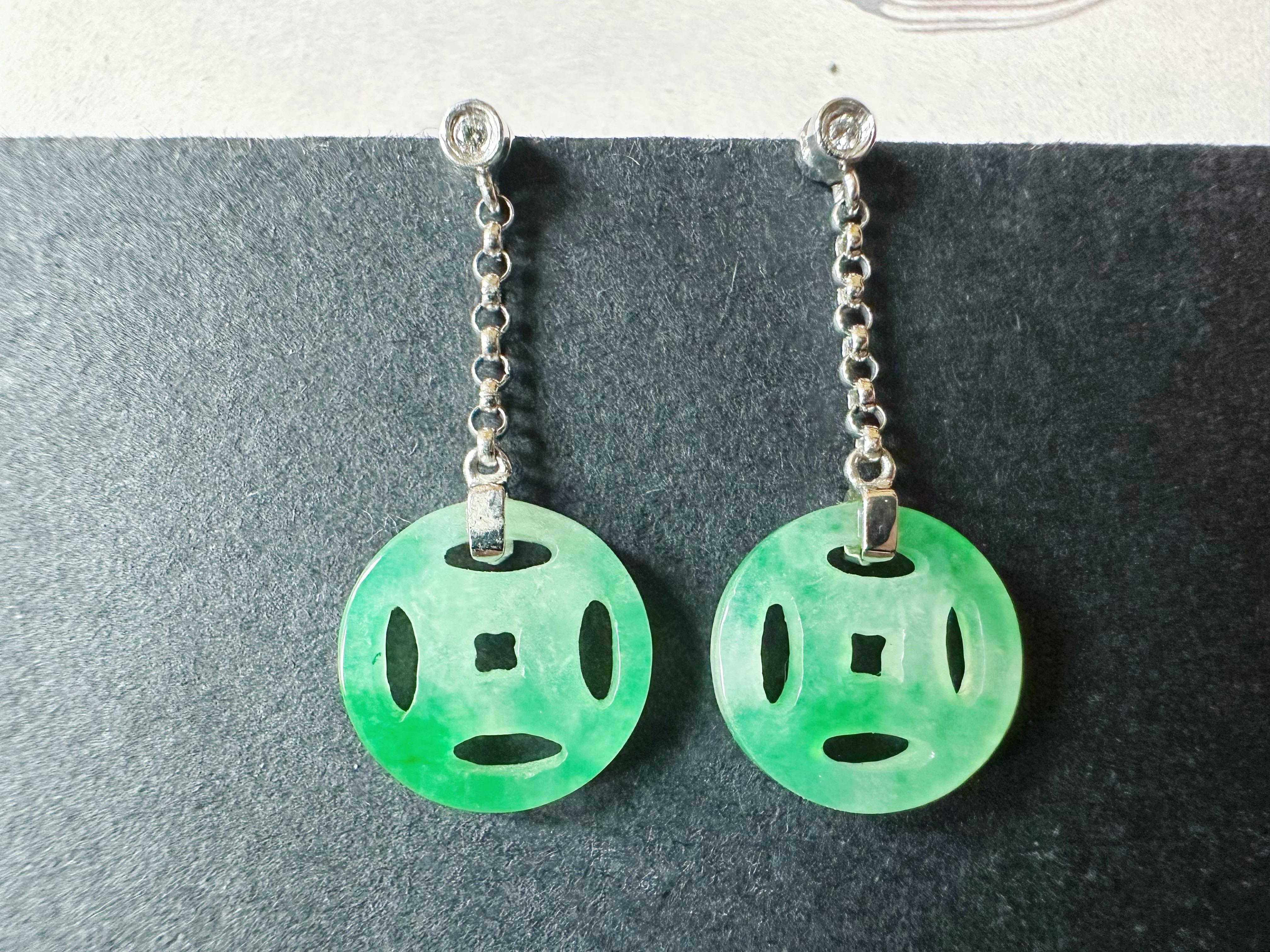 Women's or Men's Natural Myanmar Moss on Snow Green Jade Dangling Earrings in 18K Gold & Diamond For Sale