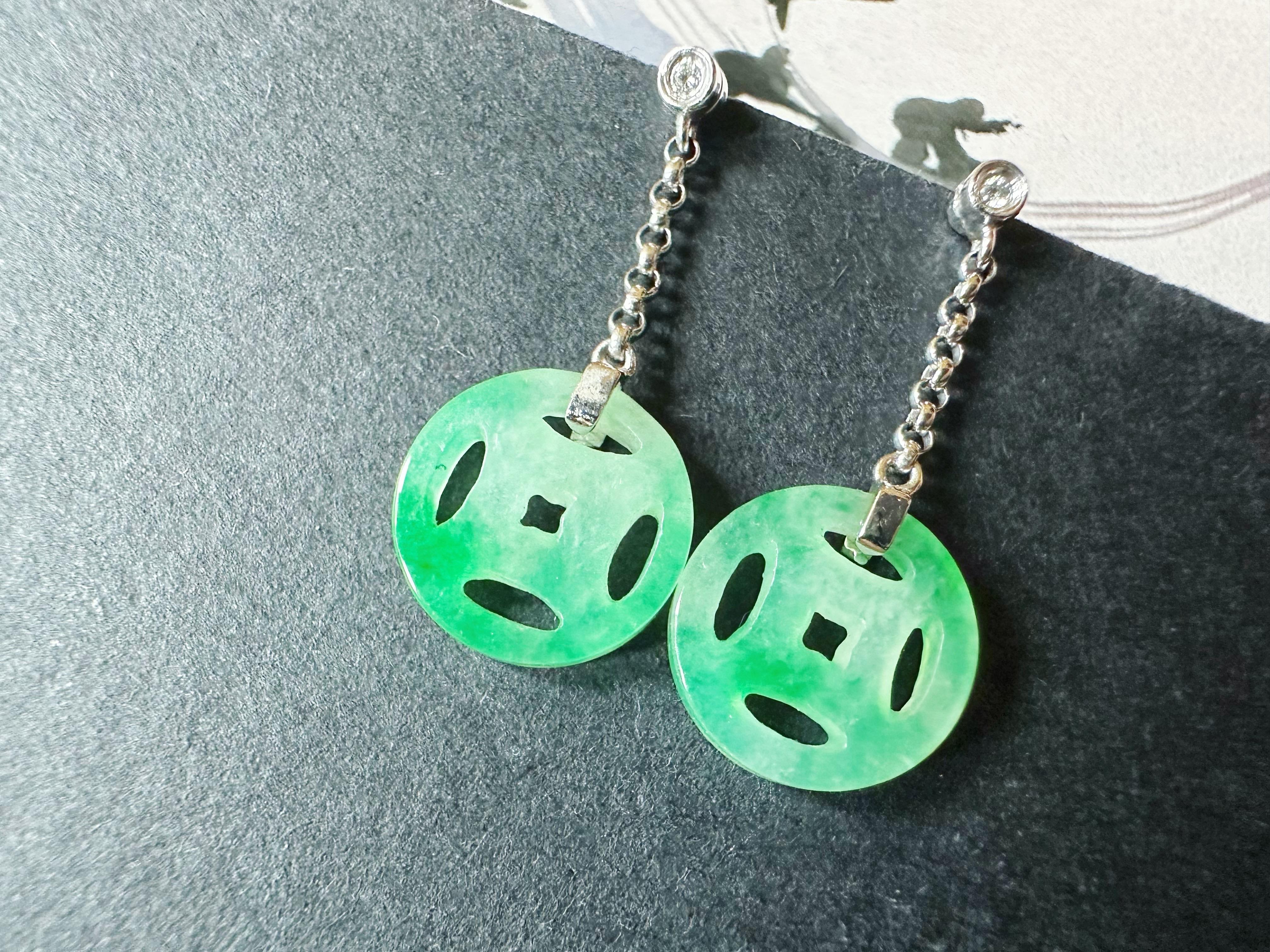 Natural Myanmar Moss on Snow Green Jade Dangling Earrings in 18K Gold & Diamond For Sale 1
