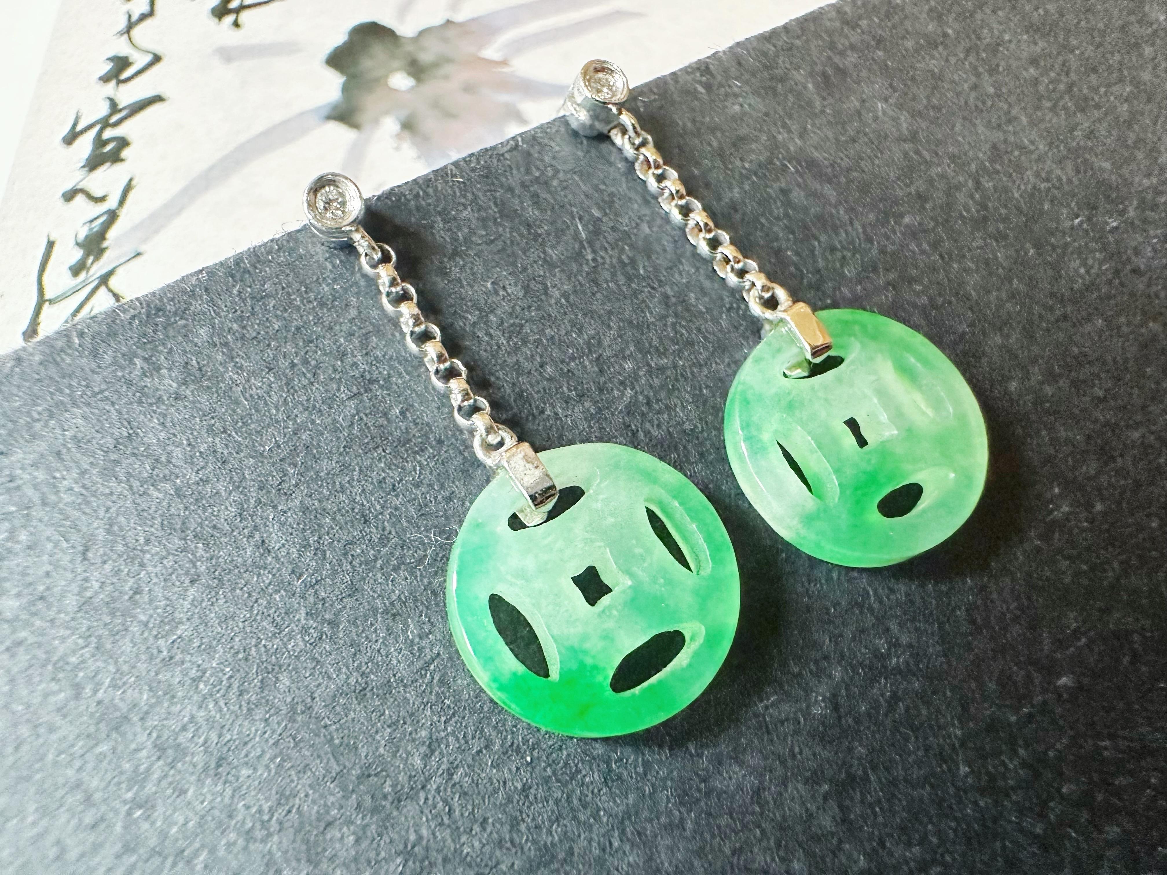 Natural Myanmar Moss on Snow Green Jade Dangling Earrings in 18K Gold & Diamond For Sale 2