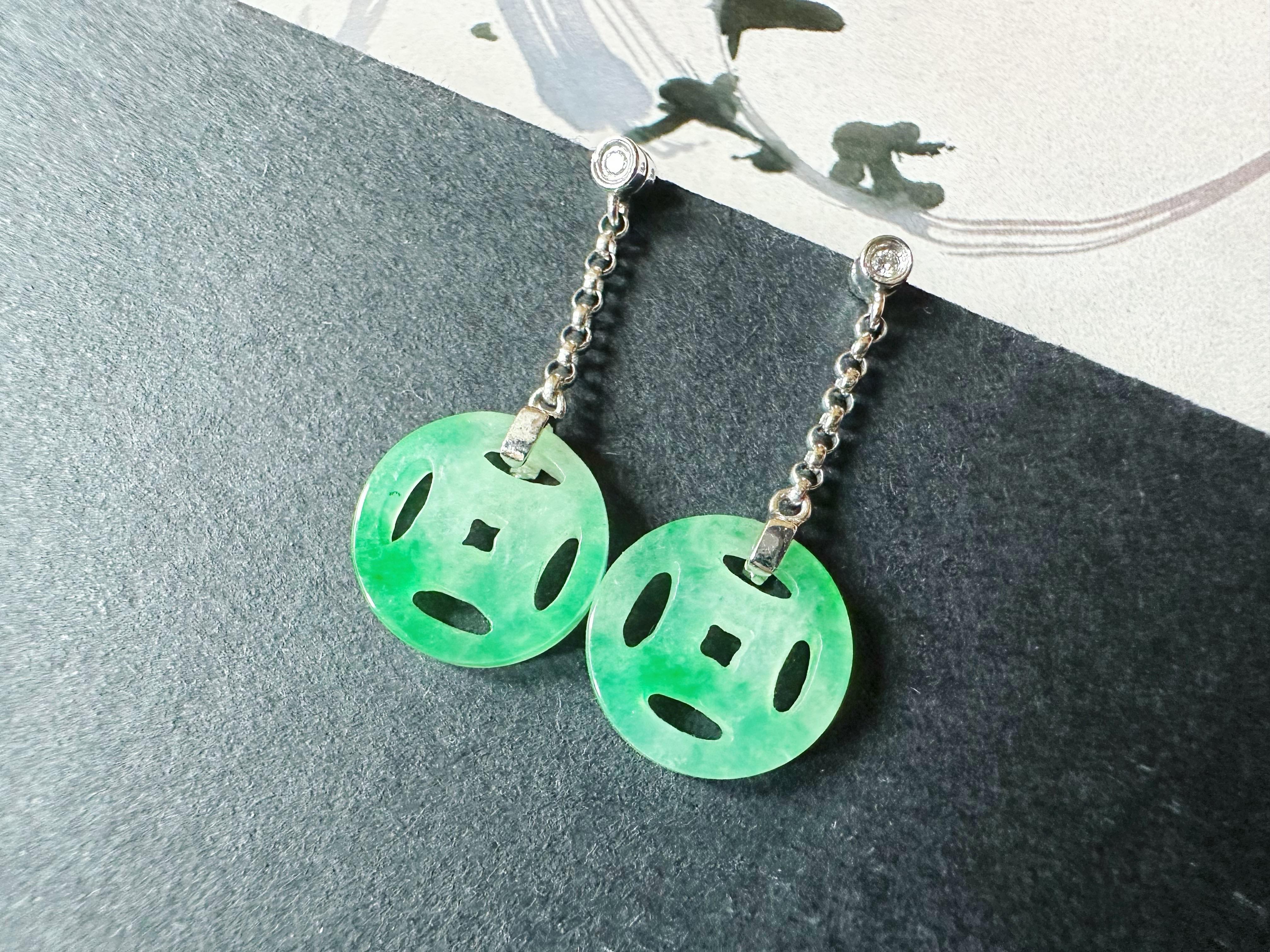 Natural Myanmar Moss on Snow Green Jade Dangling Earrings in 18K Gold & Diamond For Sale 3