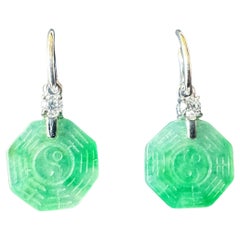 Natural Myanmar Moss on Snow Green Jade Dangling Earrings in 18K Gold & Diamond