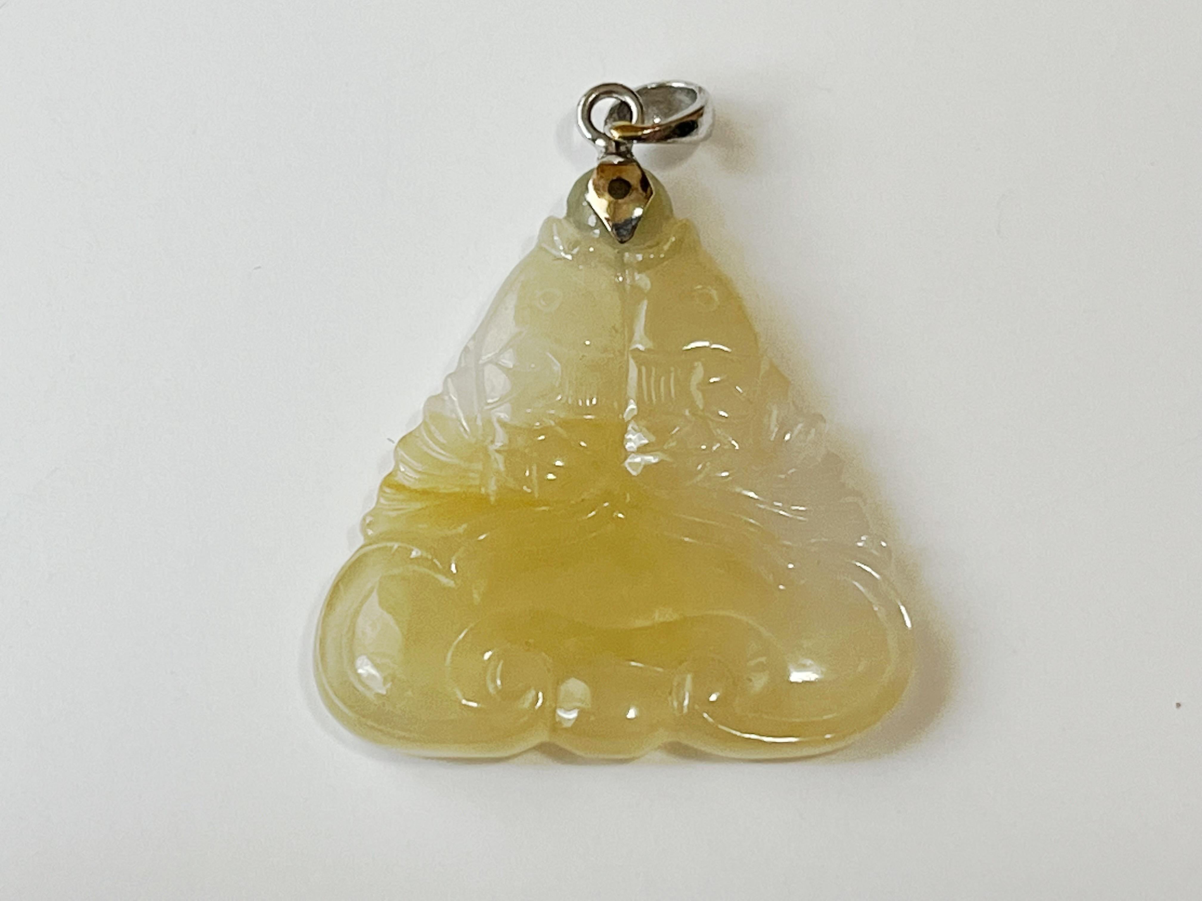 Natural Myanmar Translucent Icy Honey Yellow Jadeite Pisces Pendant For Sale 3