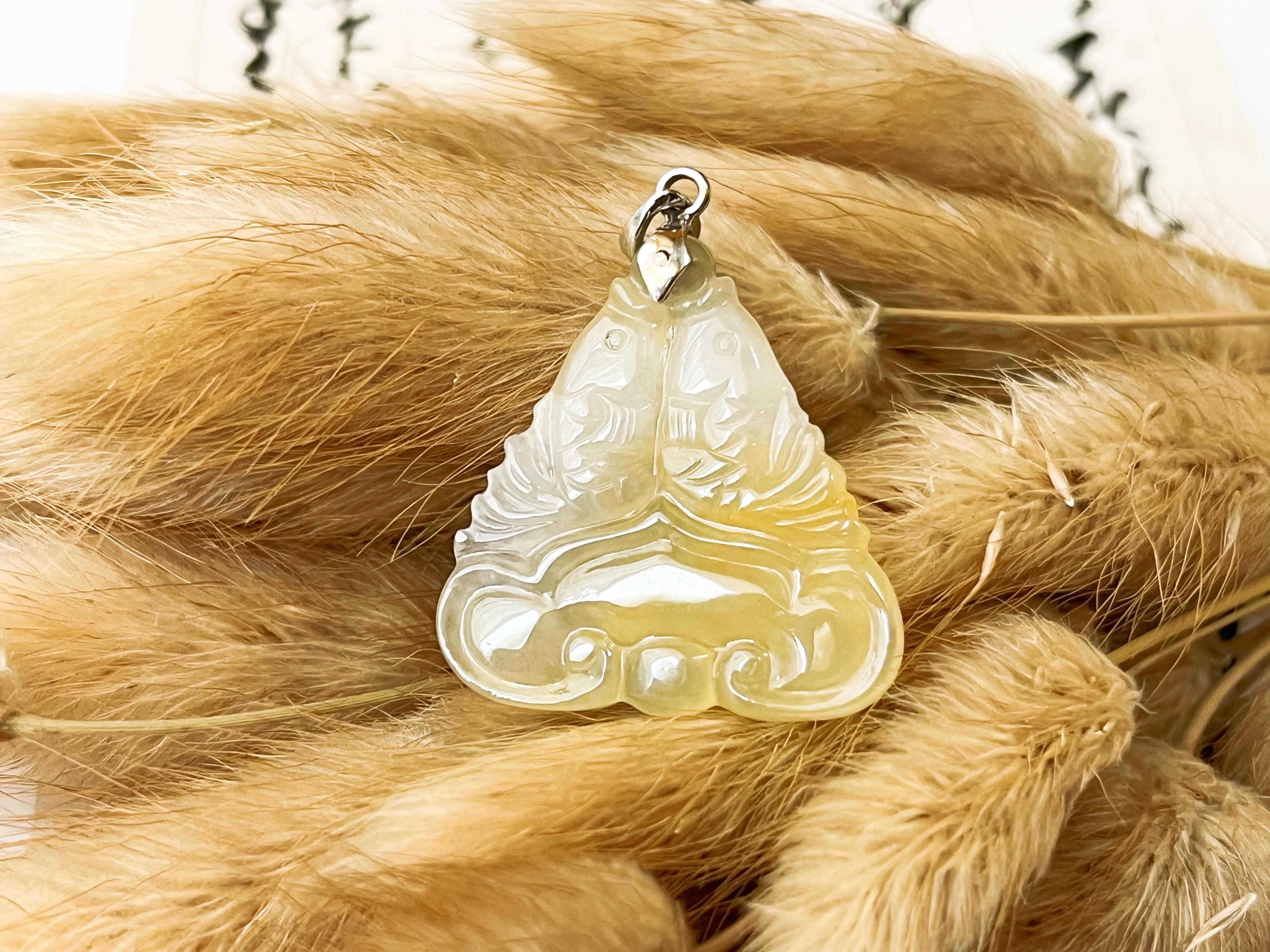 Natural Myanmar Translucent Icy Honey Yellow Jadeite Pisces Pendant For Sale 5