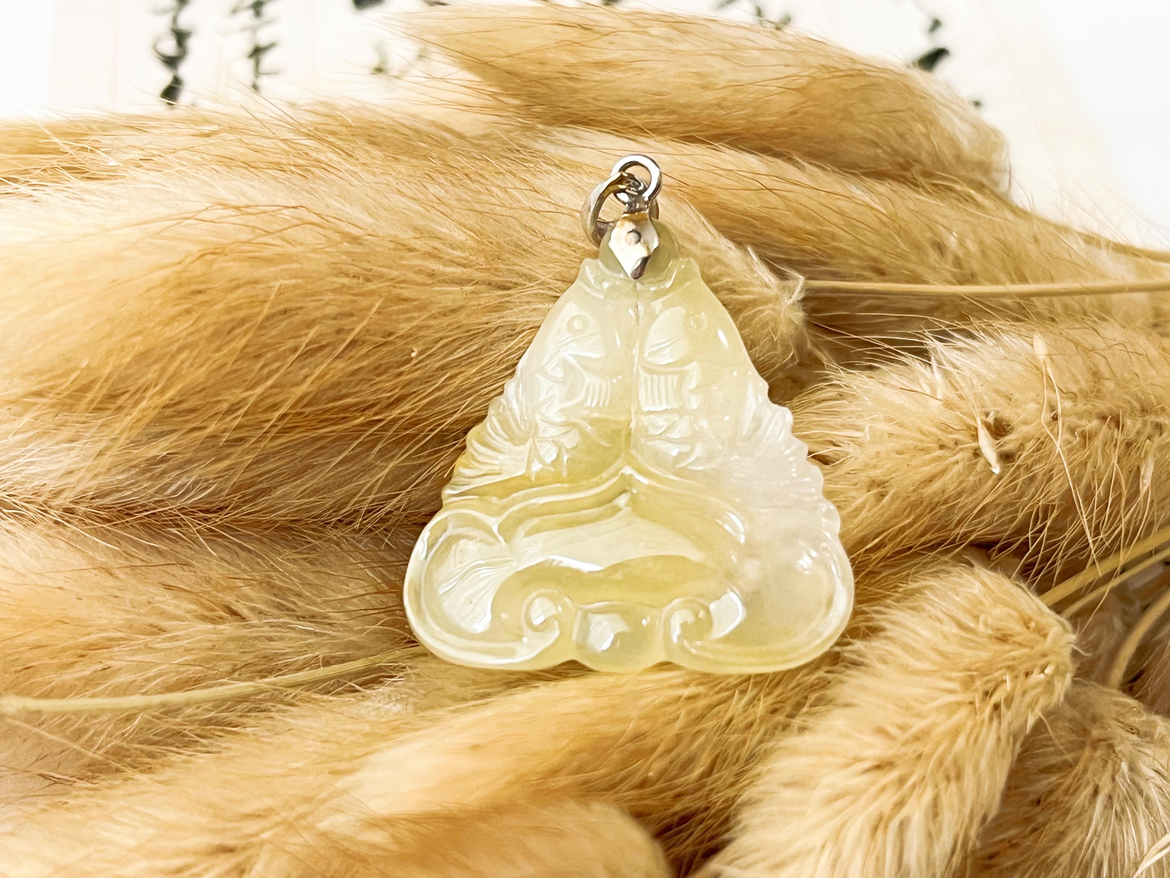 Natural Myanmar Translucent Icy Honey Yellow Jadeite Pisces Pendant For Sale 6