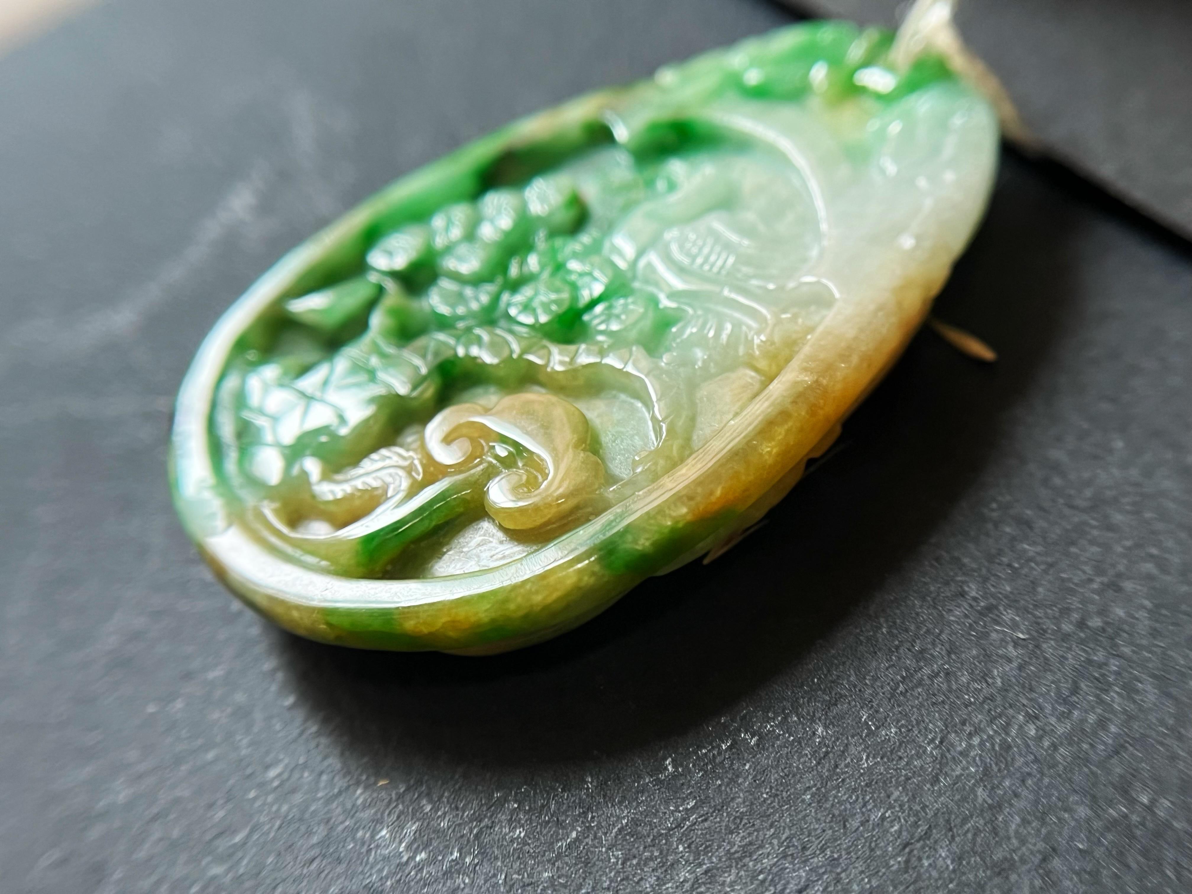 Natural Myanmar Tricolor Dragon, Crane, Reshi Jadeite Pendant  For Sale 4