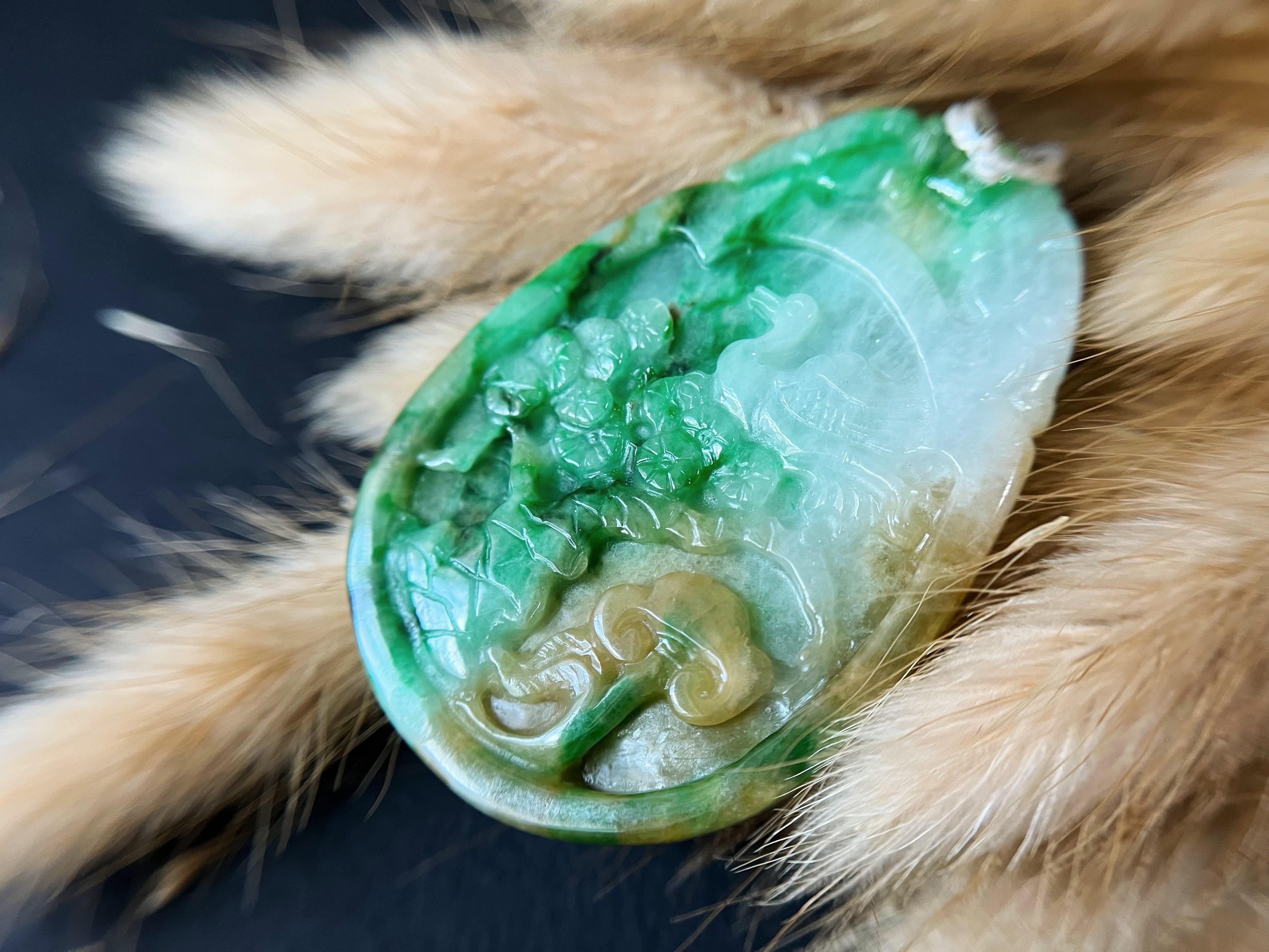 Mixed Cut Natural Myanmar Tricolor Dragon, Crane, Reshi Jadeite Pendant  For Sale