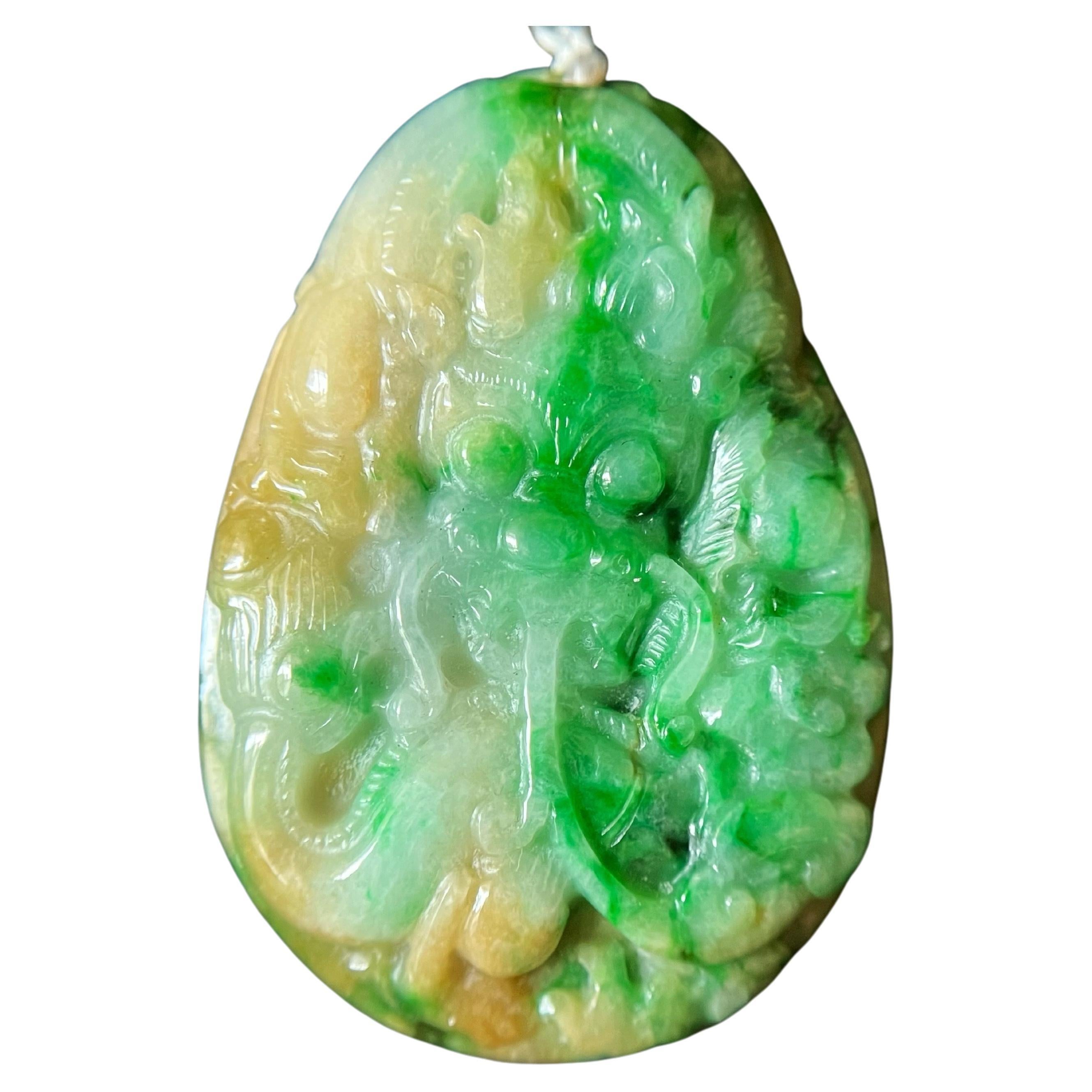 Natural Myanmar Tricolor Dragon, Crane, Reshi Jadeite Pendant  For Sale