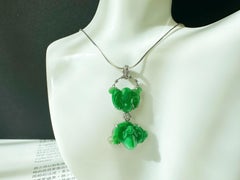 Natural Myanmar Twin Bats Imperial Green Jade Pendant in 18K White Gold