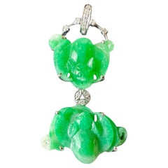 Natural Myanmar Twin Bats Imperial Green Jade Pendant in 18K White Gold