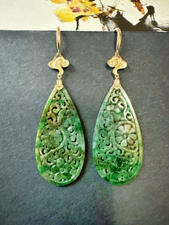 Natural Myanmar Vivid Bicolor Green and Yellow Jade Carved 18K Gold Earrings