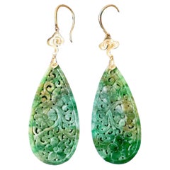 Natural Myanmar Vivid Bicolor Green and Yellow Jade Carved 18K Gold Earrings