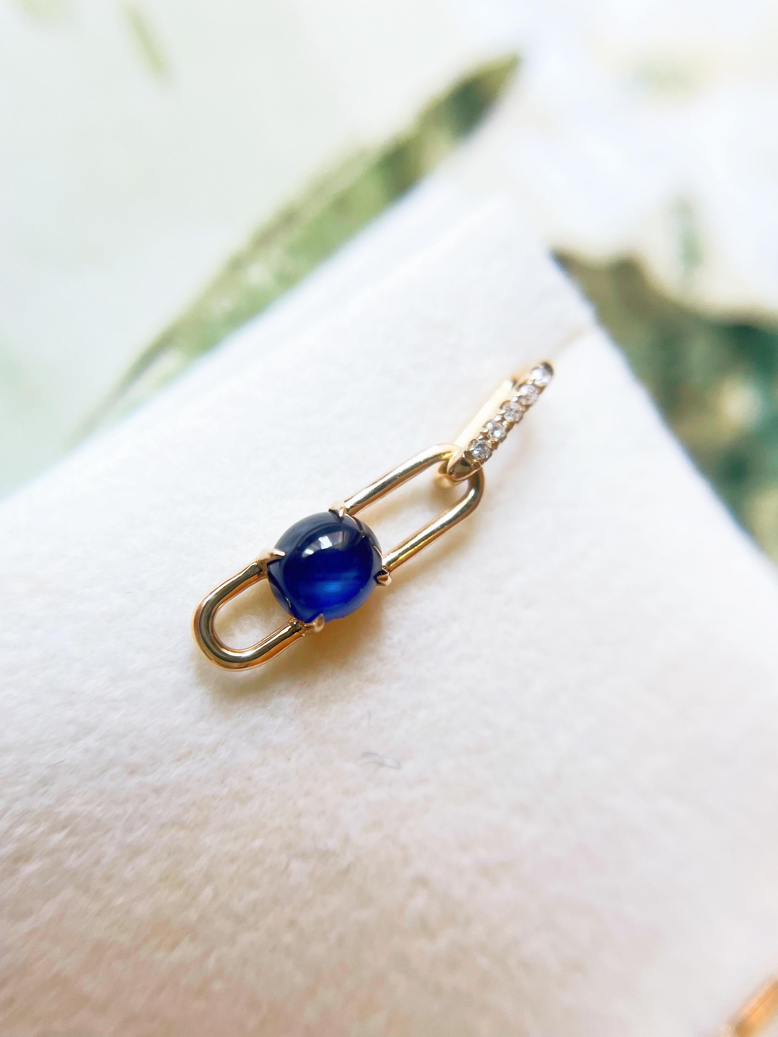 Cabochon di zaffiro blu naturale del Myanmar con diamante incastonato in oro 18k in vendita 4