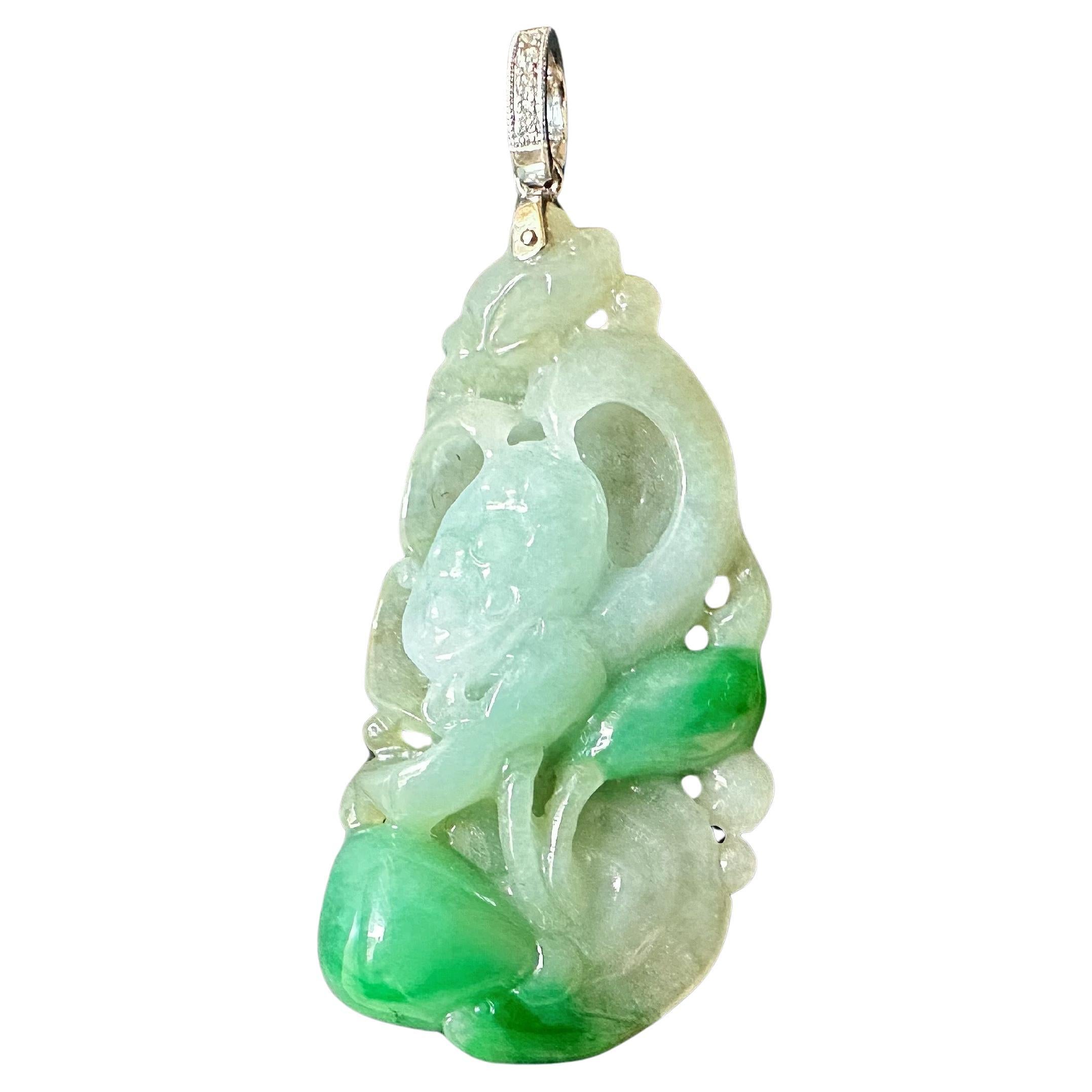 Natural Myanmar Vivid Green Double Faced Lotus Jade Pendant in 18K White Gold