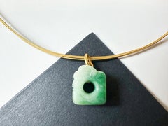 Certified Natural Myanmar Green Jade Carved Ancient Dragon in 18K Bail Pendant