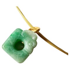Certified Natural Myanmar Green Jade Carved Ancient Dragon in 18K Bail Pendant