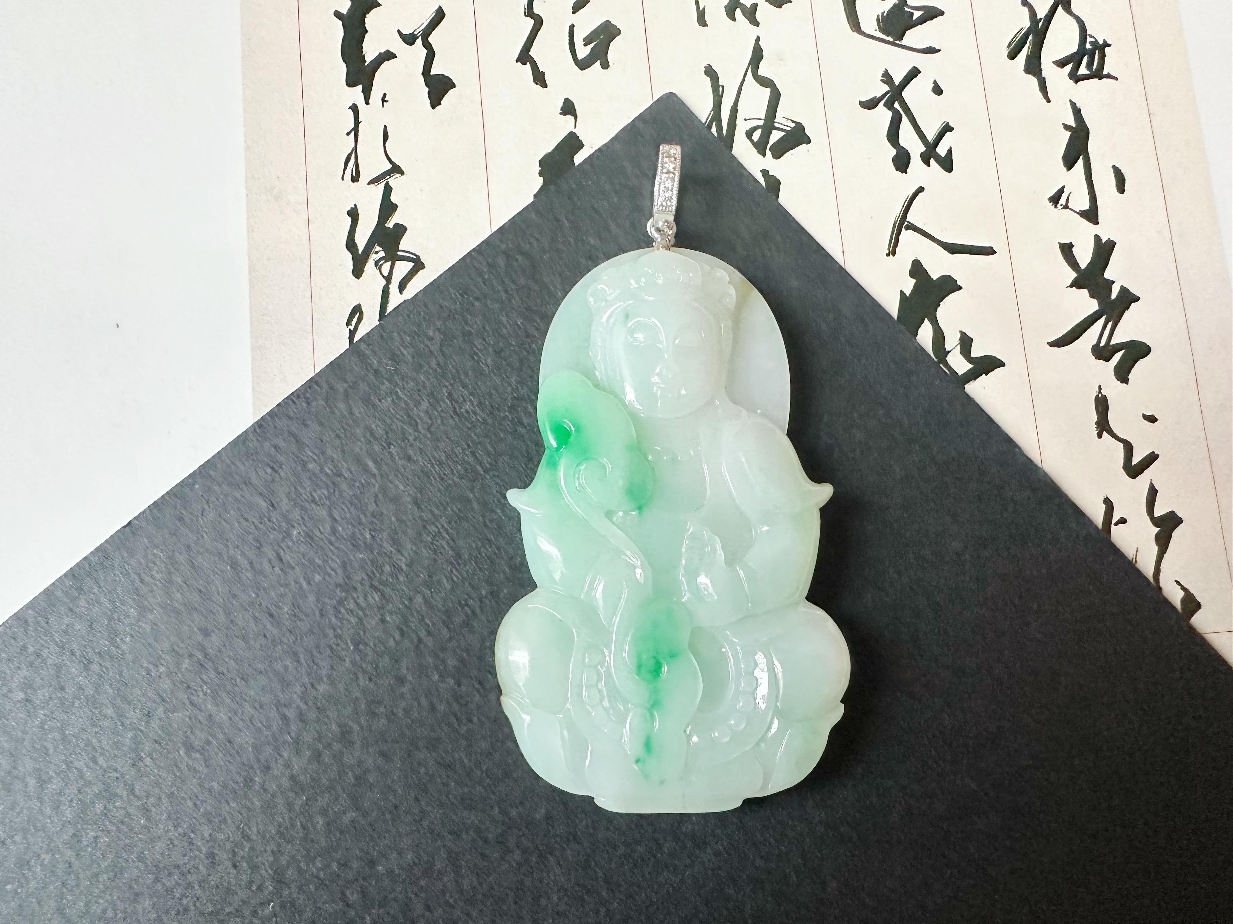 Natural Myanmar Vivid Green Jade Pendant with 18K White Gold and Diamond For Sale 12