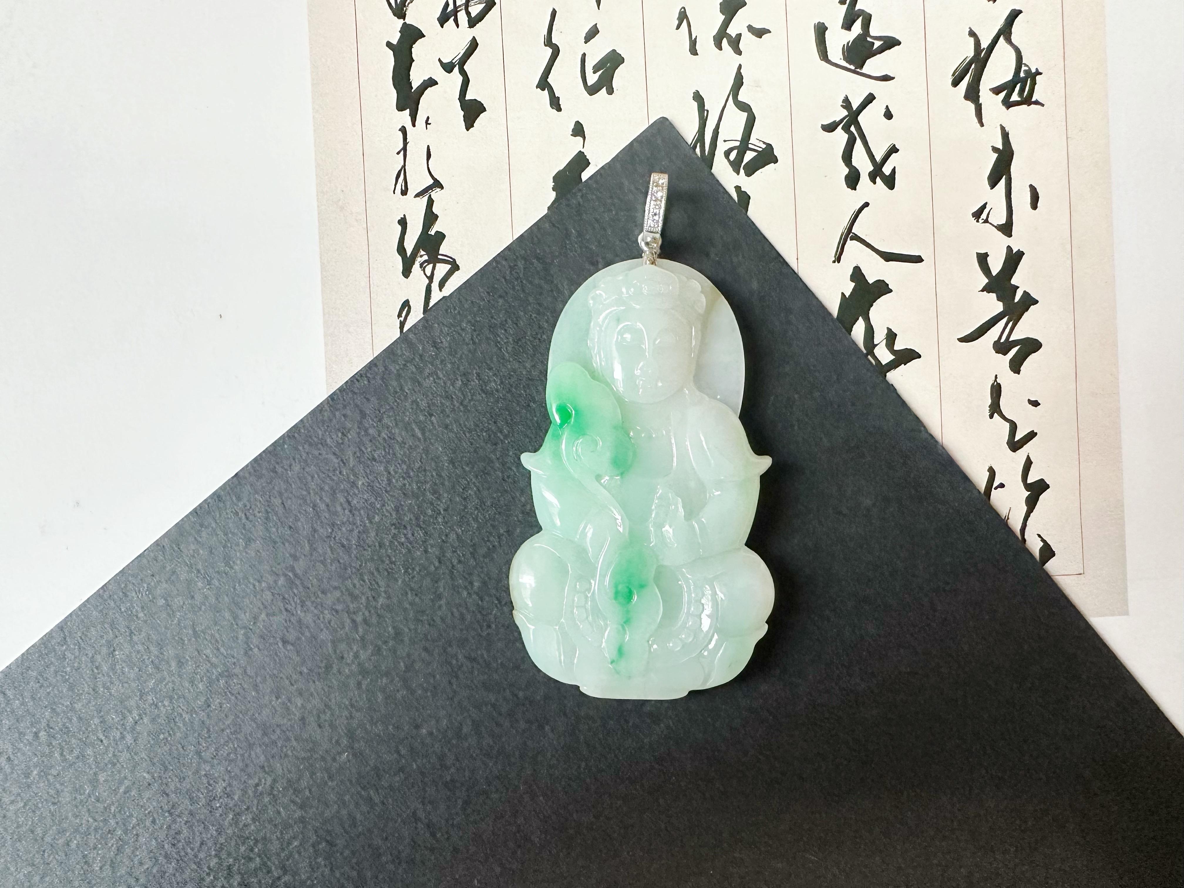 Artisan Natural Myanmar Vivid Green Jade Pendant with 18K White Gold and Diamond For Sale