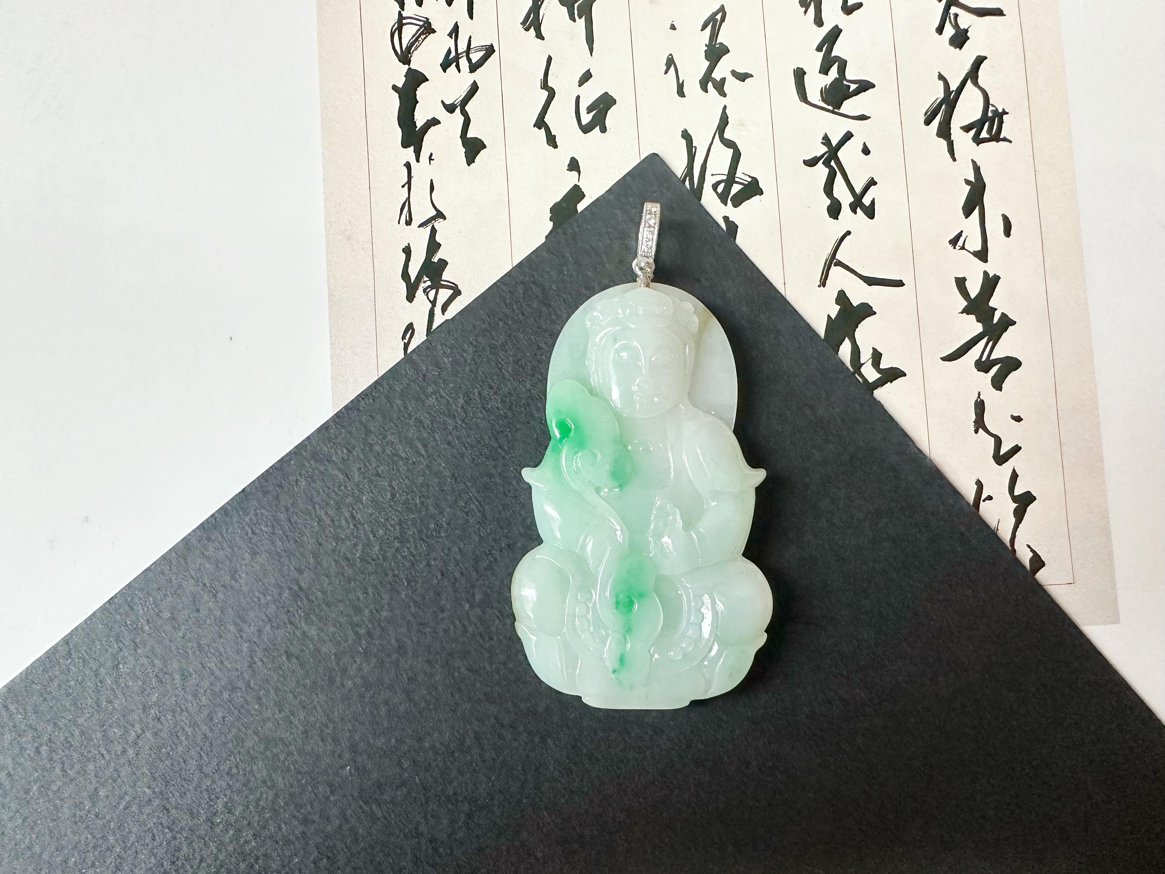 Mixed Cut Natural Myanmar Vivid Green Jade Pendant with 18K White Gold and Diamond For Sale