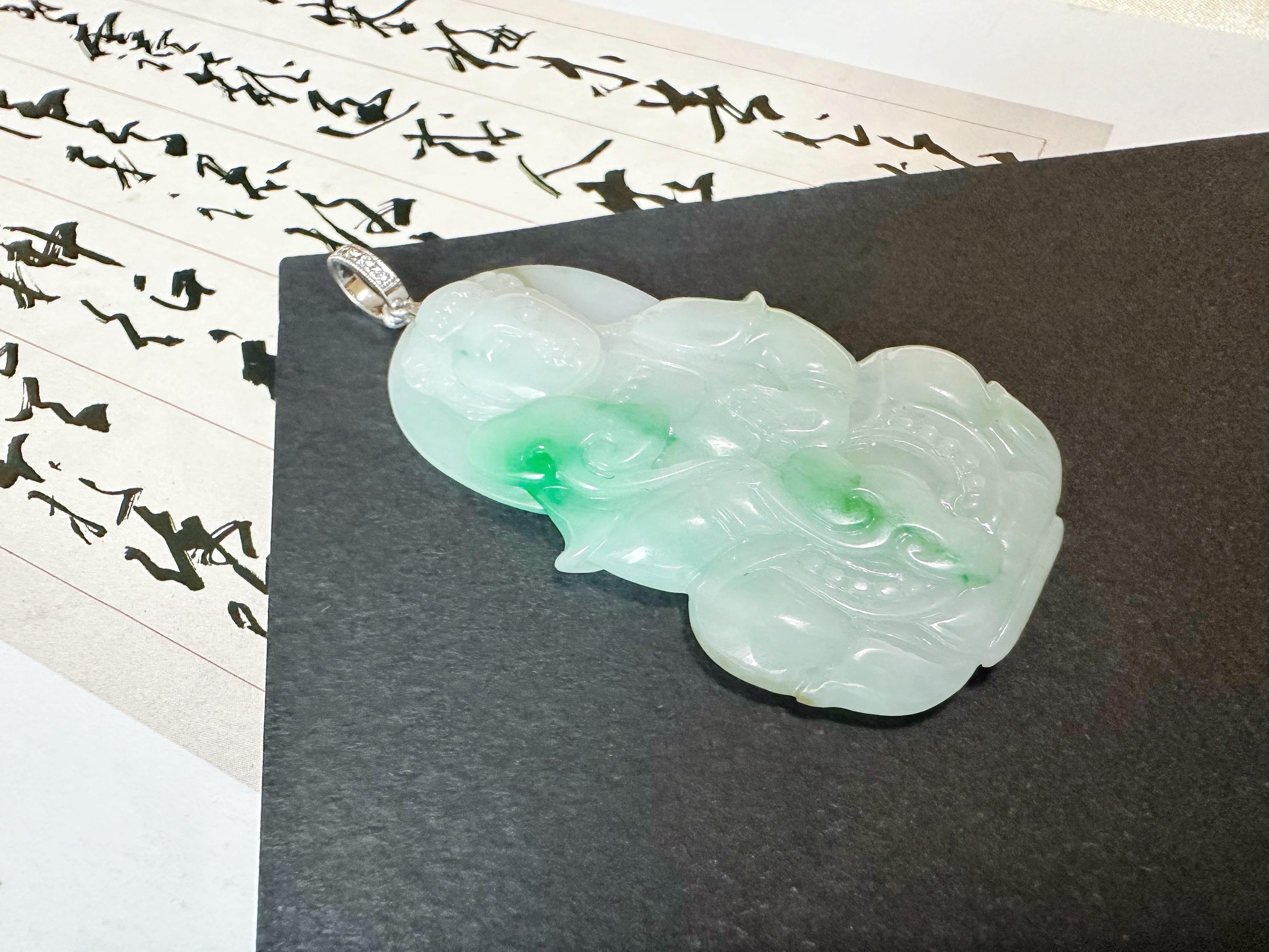 Women's or Men's Natural Myanmar Vivid Green Jade Pendant with 18K White Gold and Diamond For Sale