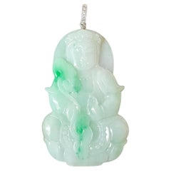 Natural Myanmar Vivid Green Jade Pendant with 18K White Gold and Diamond