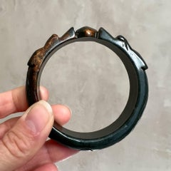 Mid-Century Natural Nephrite Jade Dragons Chasing Pearl Bangle Bracelet