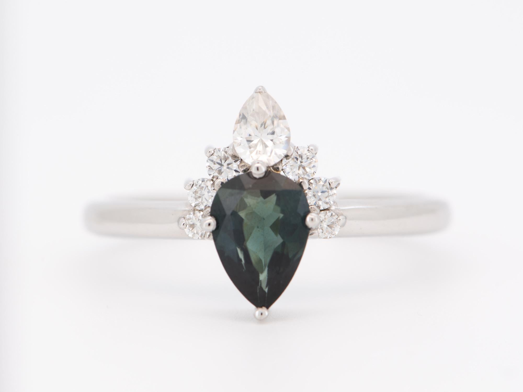 ♥ Solid 14K white gold ring set with a pear-shaped sapphire in the center, flanked by a half halo of sparkly moissanites to form a headress for the beautiful sapphire
♥ This ring is made in a low-profile style so it lays directly on the finger.
♥