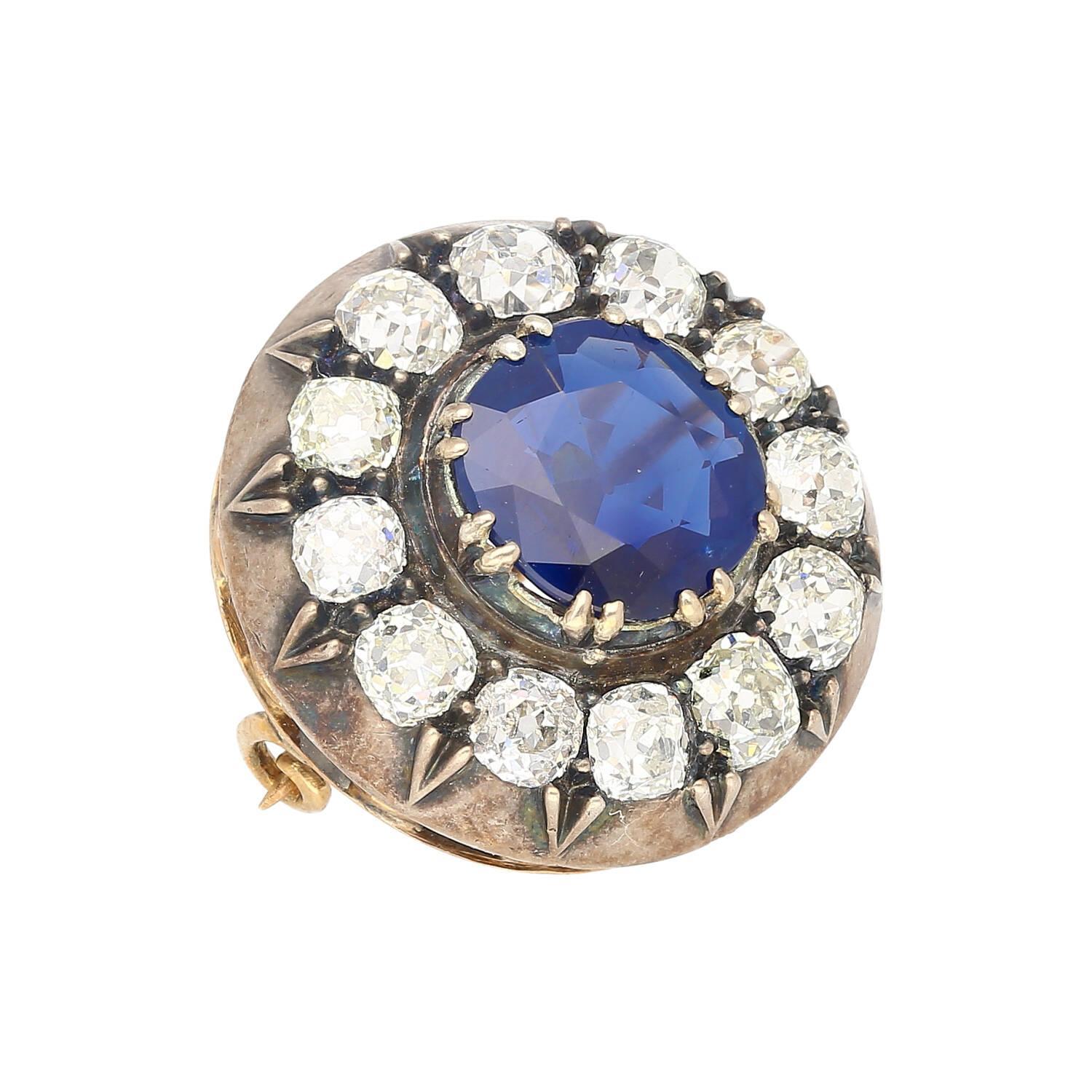 Vintage Silver & 9K Gold Brooch with No Heat 3.82 Carat Cushion Sapphire Brooch & Sapphire 
 
Item Details:
- Type: Pin/Brooch 
- Metal: Silver, 9K Gold 
- Weight: 5.53 grams 
- Setting: Prong 
_______________________

Center Stone Details:
-