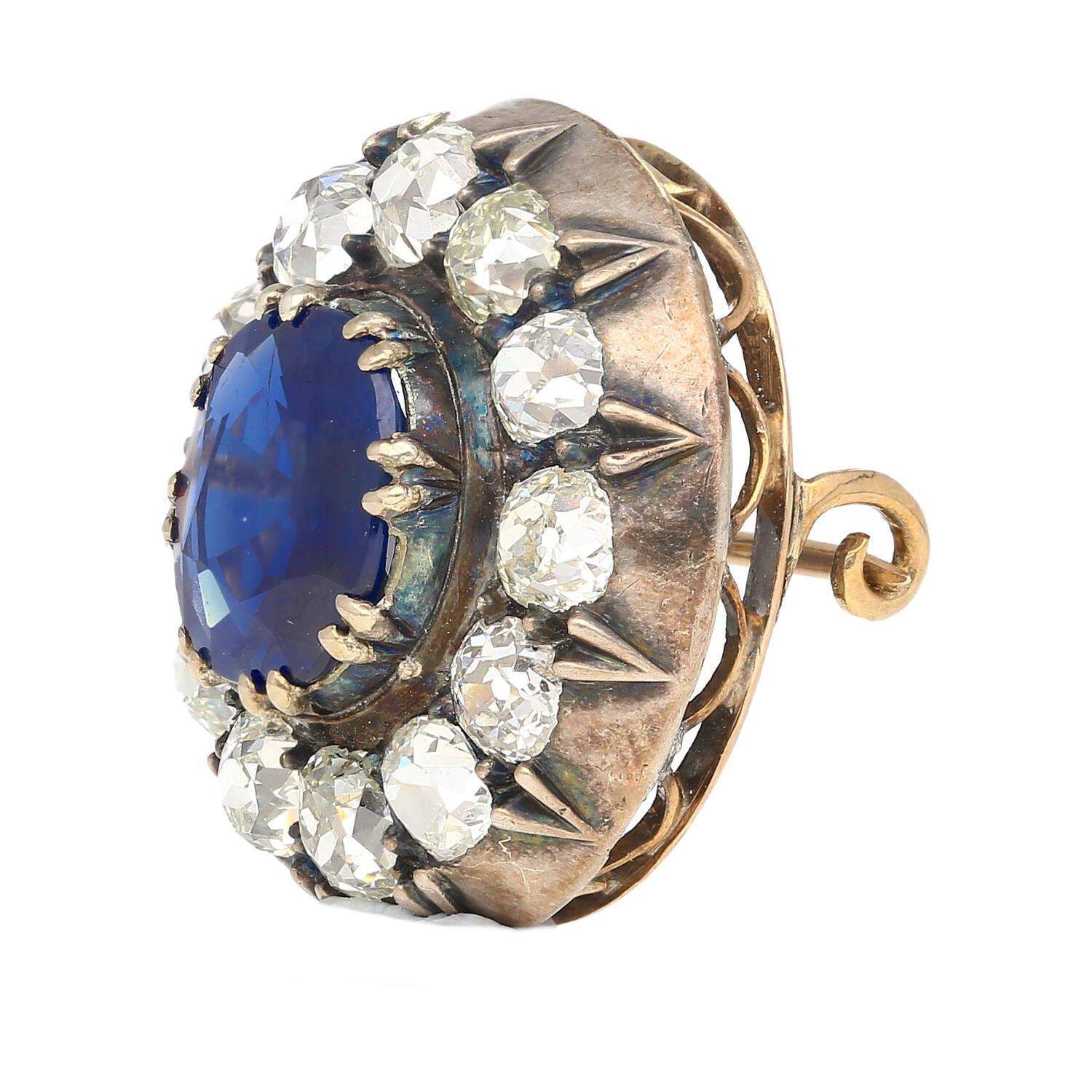 Cushion Cut Natural No Heat 3.82 Carat Sapphire Brooch in Silver and 9K Gold For Sale
