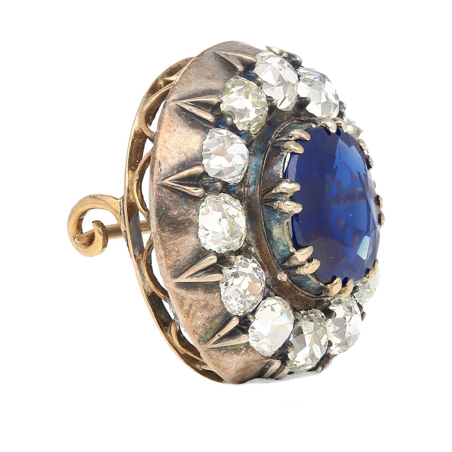 Natural No Heat 3.82 Carat Sapphire Brooch in Silver and 9K Gold In Excellent Condition For Sale In Miami, FL