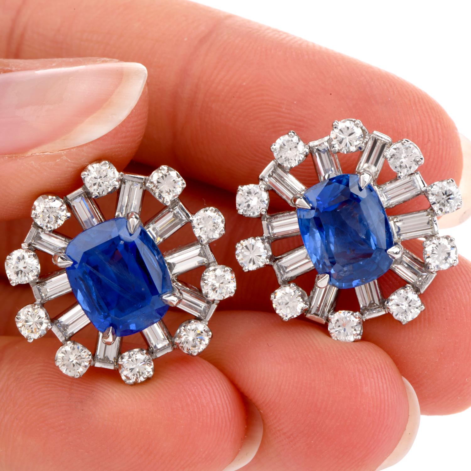 Natural No Heat Blue Ceylon Sapphire Diamond Starburst Platinum Earrings In Excellent Condition In Miami, FL