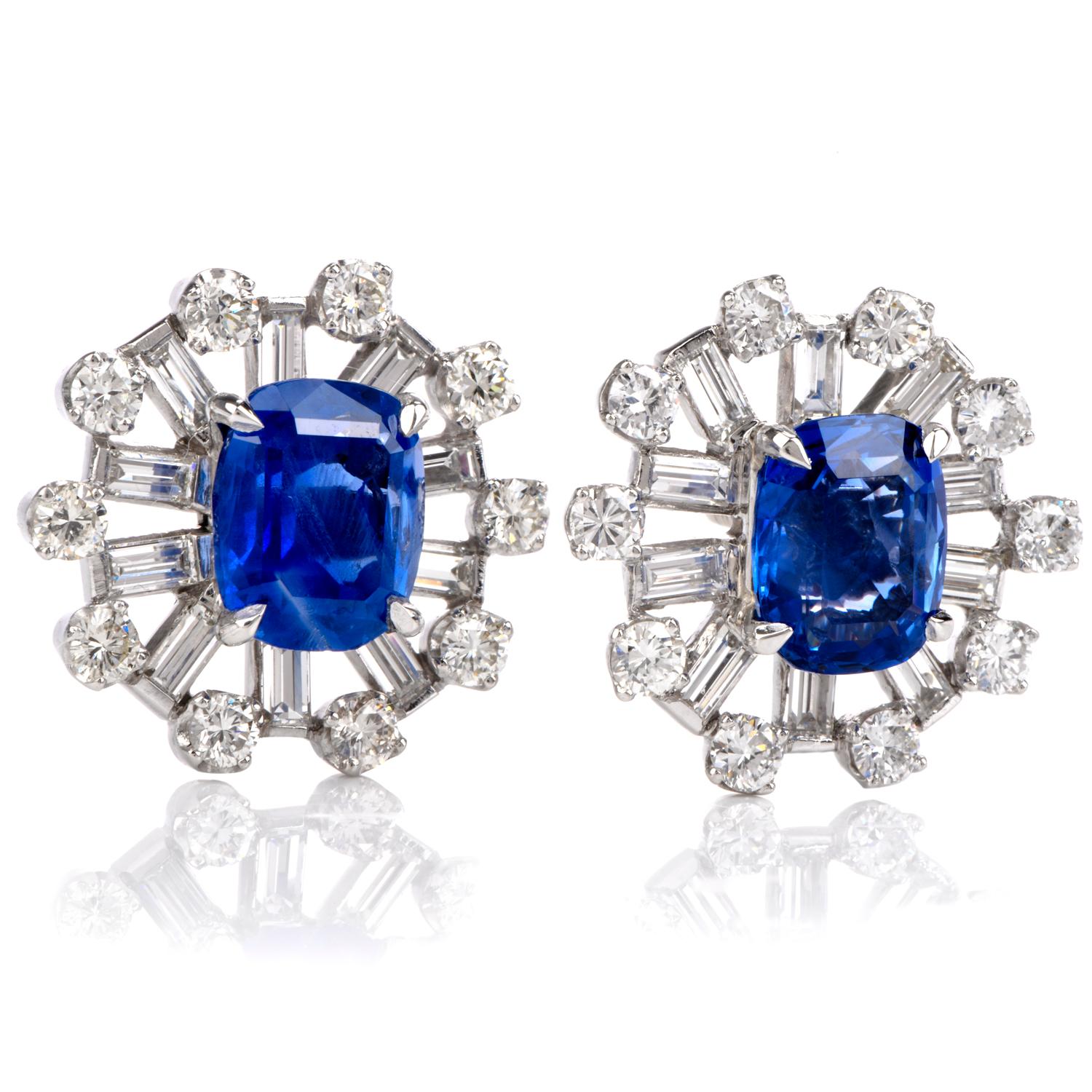 Natural No Heat Blue Ceylon Sapphire Diamond Starburst Platinum Earrings 2