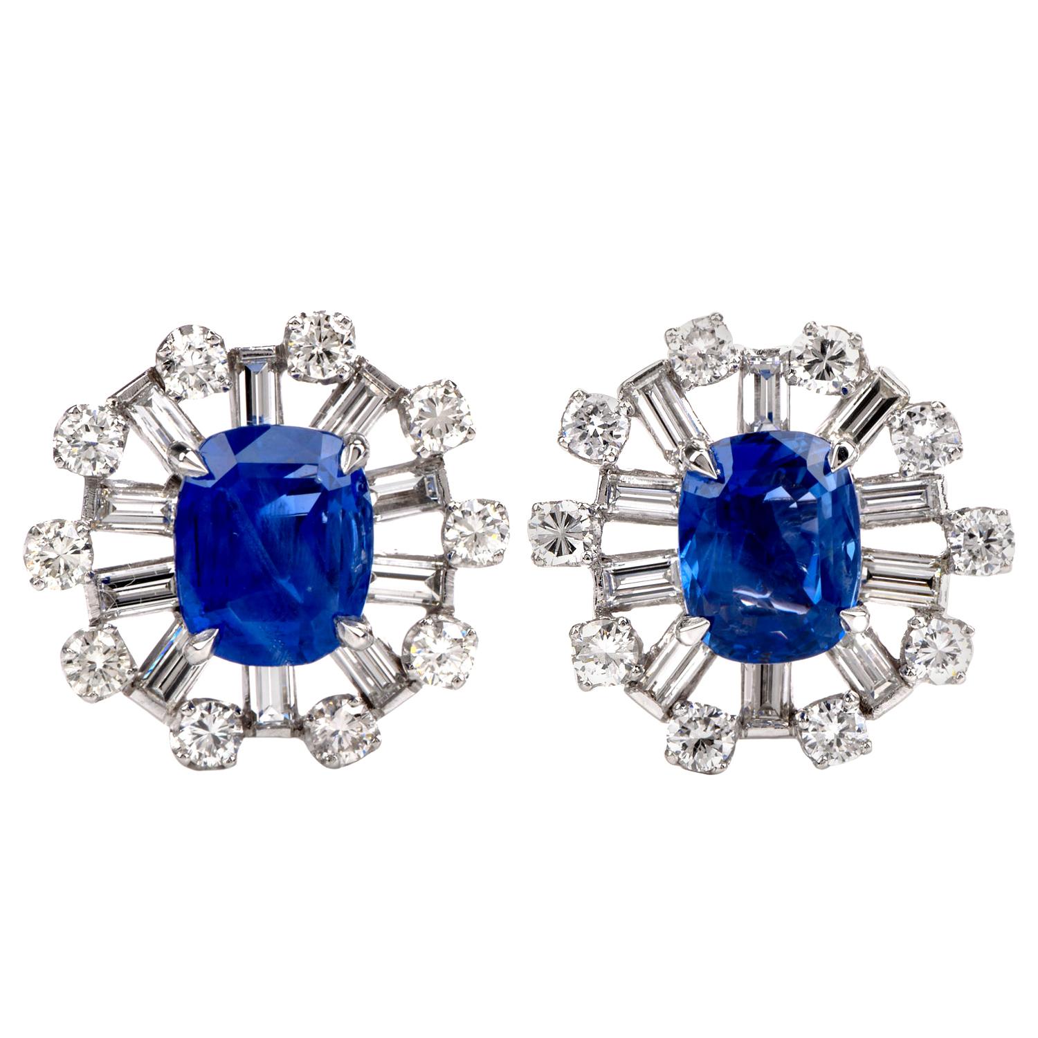 Natural No Heat Blue Ceylon Sapphire Diamond Starburst Platinum Earrings