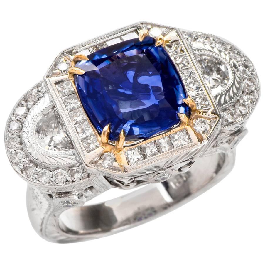 Natural No Heat Blue GIA Sapphire Diamond White Cocktail Ring