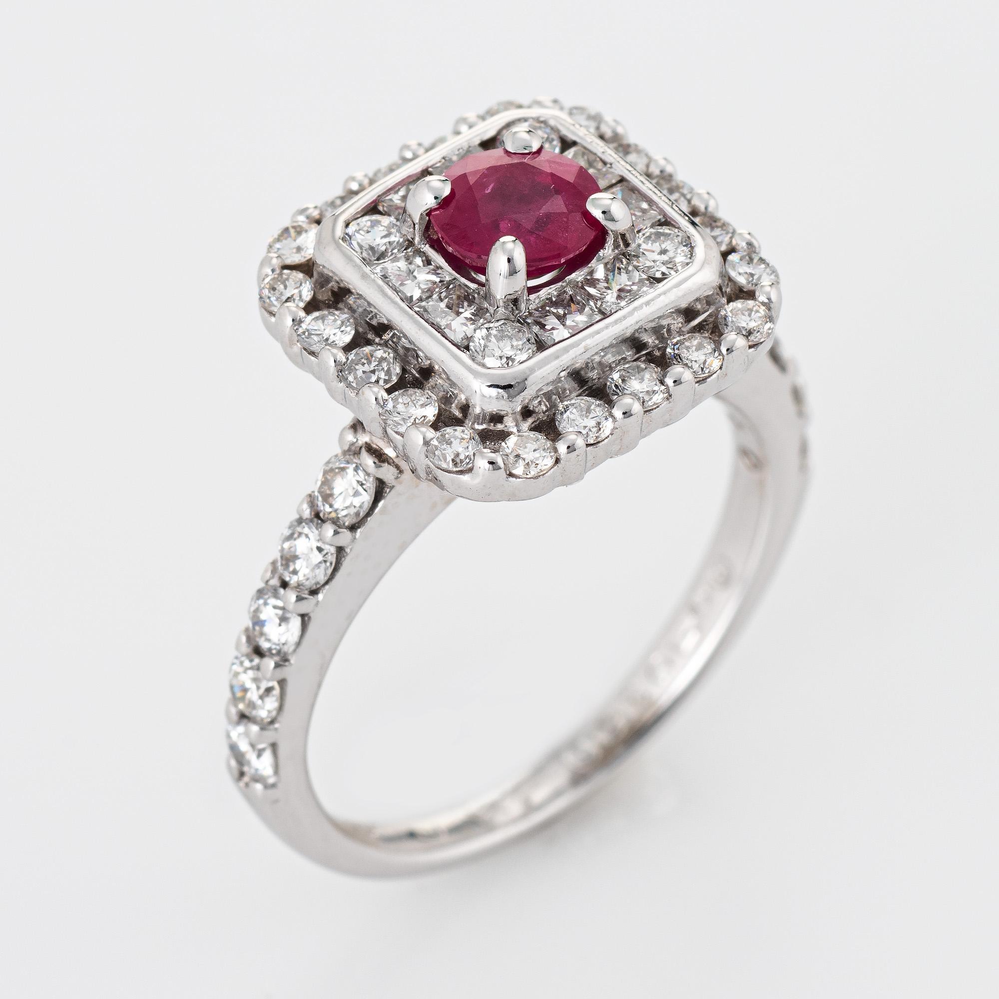 Stylish Burma ruby & diamond square cocktail ring crafted in 14 karat white gold. 

No heat natural Burma ruby is estimated at 0.63 carats. The diamonds total an estimated 1.41 carats (estimated at G-H color and VS2-SI1 clarity). The ruby is in
