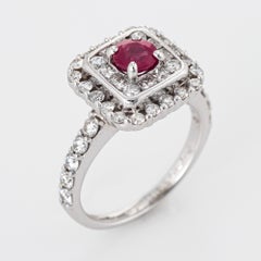 Natural No Heat Burma Ruby Diamond Ring Estate 14 Karat Gold Square Cocktail