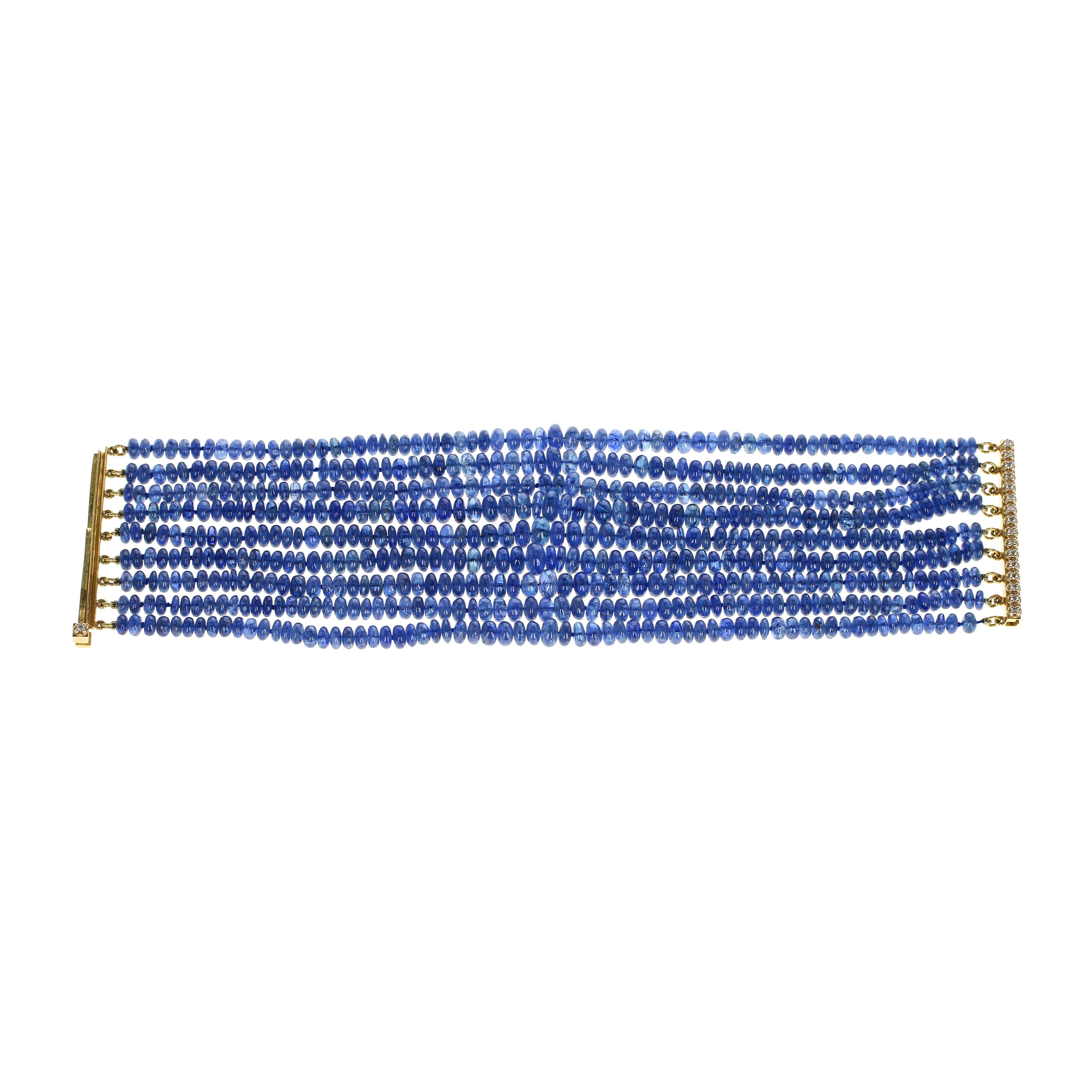 Round Cut Natural No Heat Burmese Sapphire Bead and Diamond Yellow Gold Bracelet For Sale