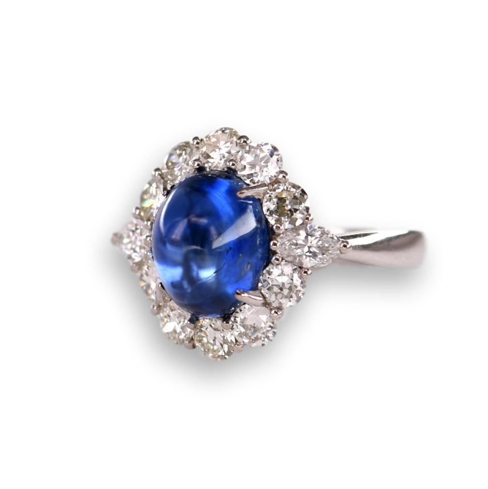Round Cut Natural No Heat Ceylon 6.35 Carat Blue Sapphire and Diamond Ring