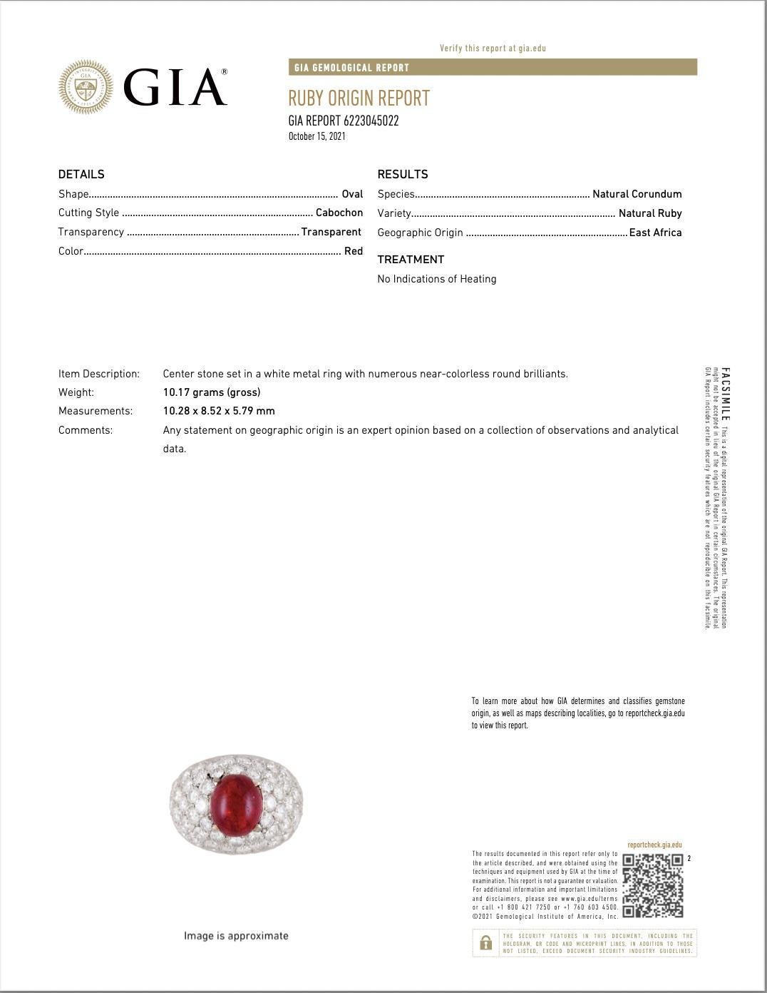 18k Large Cabachon Natural Ruby, 4.54 CTS, and Pave Diamond Dome Ring, GIA Cert For Sale 2