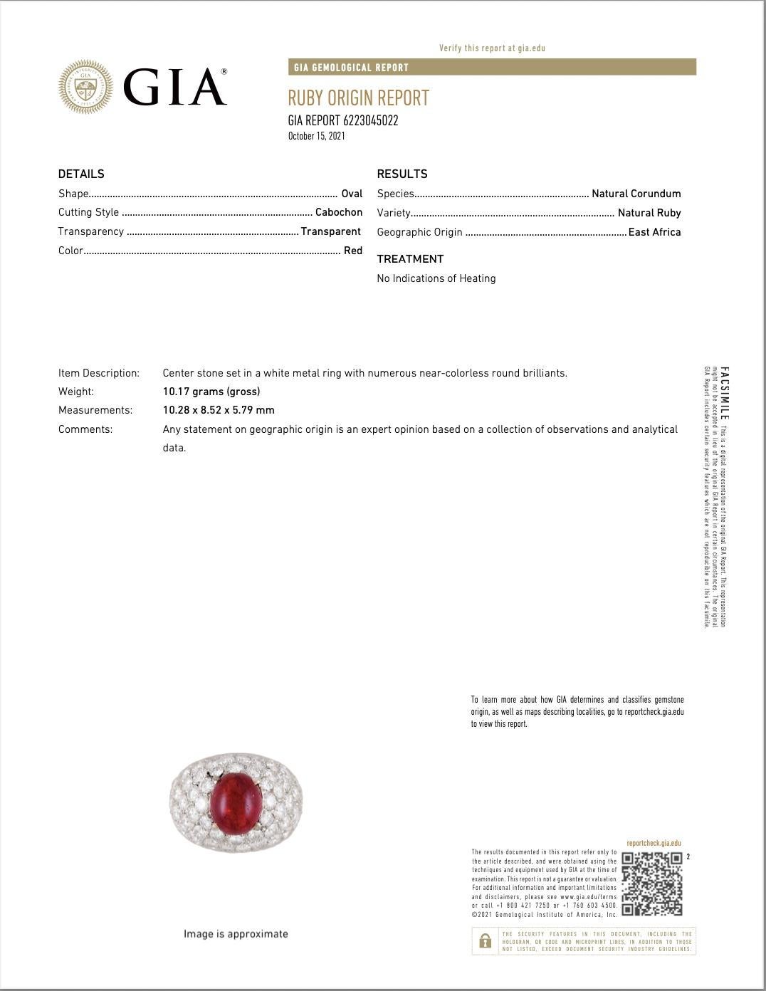Bague dôme en or 18 carats avec grand rubis naturel de couleur cachaçon, 4,54 carats et pavé de diamants, certifiée GIA en vente 2