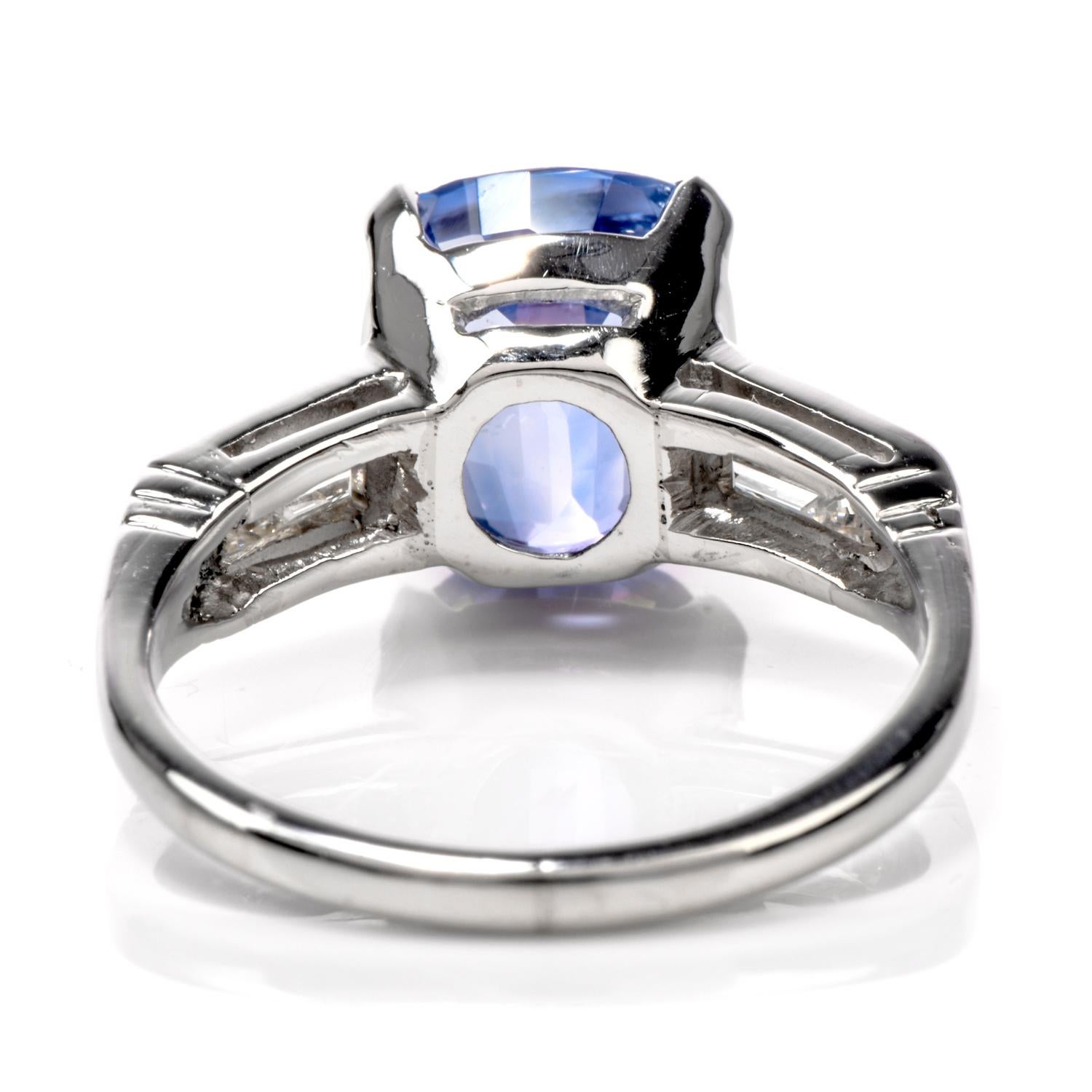 Oval Cut Natural No Heat GIA Cylon Blue Sapphire Diamond Platinum Three-Stone Ring