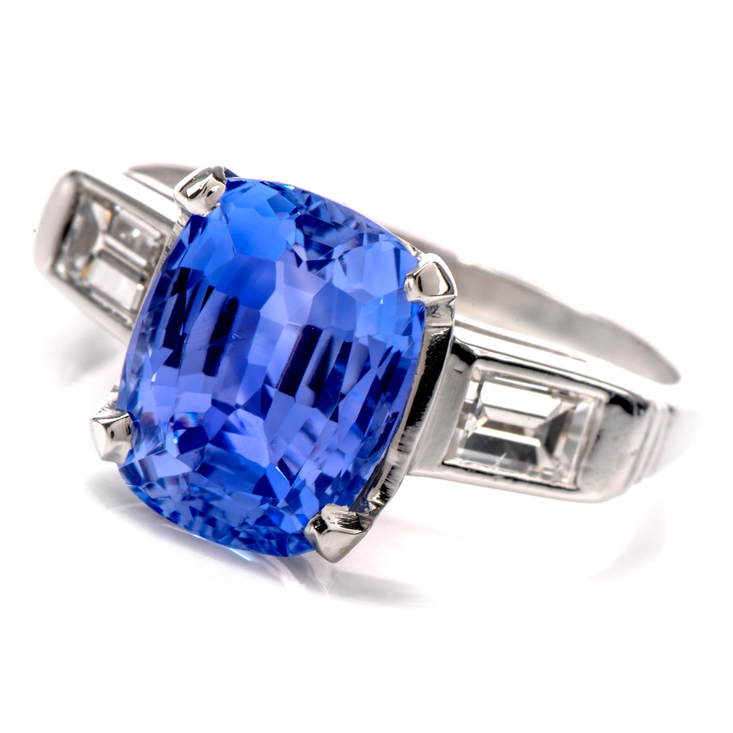 Natural No Heat GIA Cylon Blue Sapphire Diamond Platinum Three-Stone Ring In Excellent Condition In Miami, FL