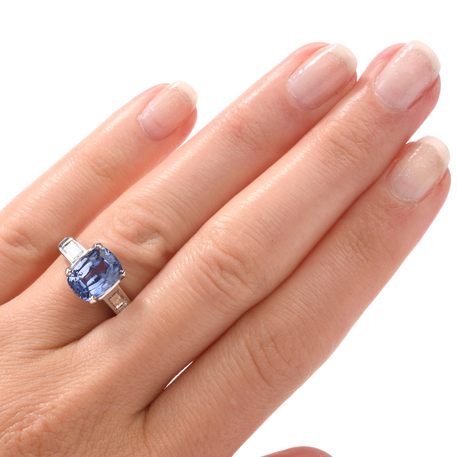 Natural No Heat GIA Cylon Blue Sapphire Diamond Platinum Three-Stone Ring 1