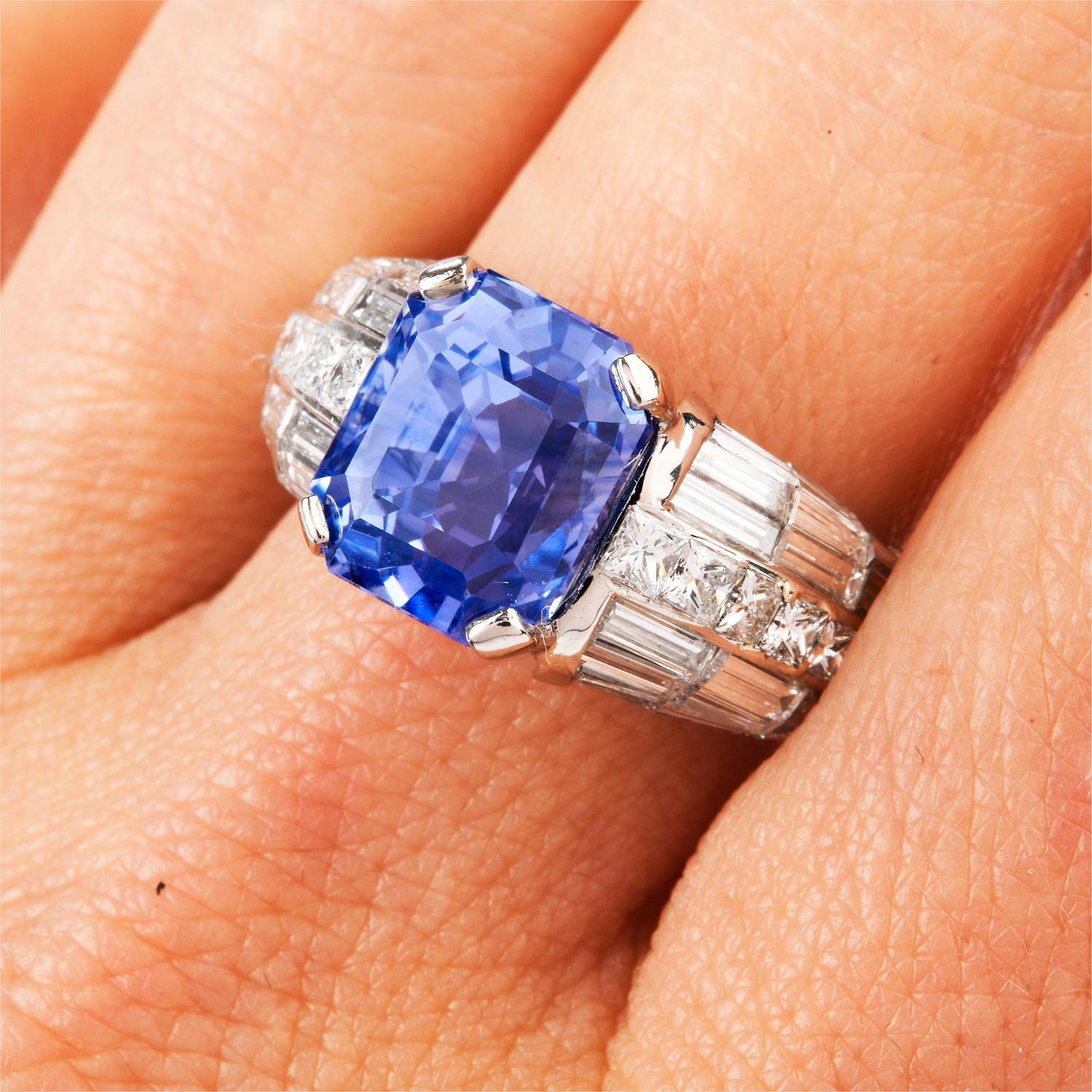 Every detail attended to in this delightful colored GIA Certified Natural Sapphire Engagement Cocktail Ring beginning at the center is a soft Violet blue changing color to light Purple sapphire, All Natural without any treatments, Sri Lanka origin