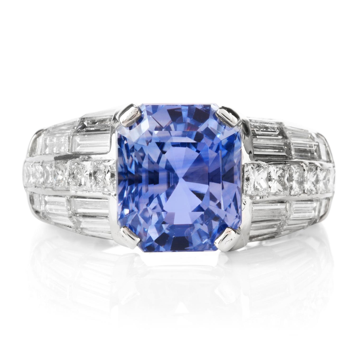 Art Deco Natural No Heat GIA Violet Sapphire Diamond Platinum Engagement Cocktail Ring