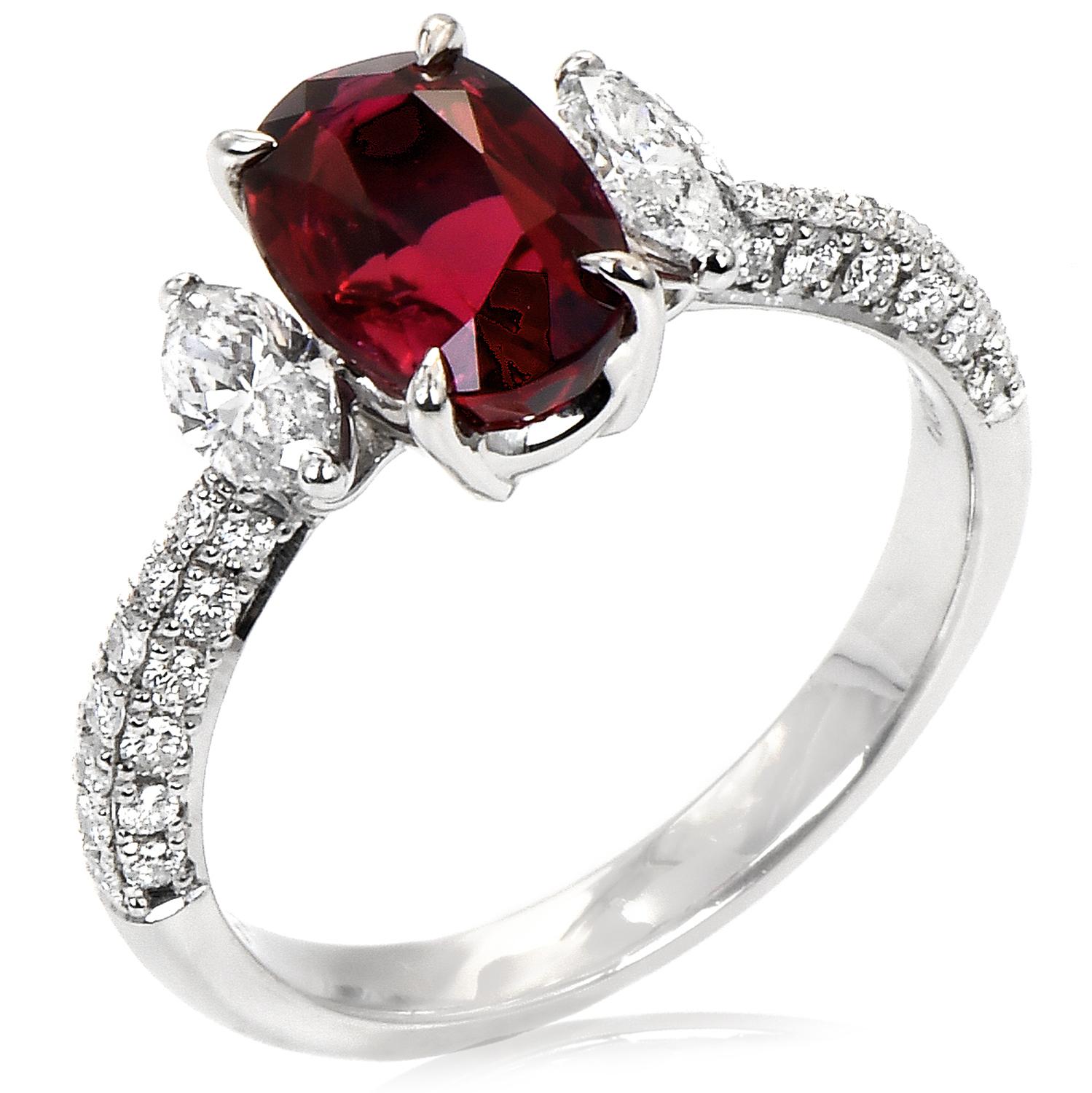 Modern Natural No Heat Natural Ruby Diamond Platinum Three Stone Ring