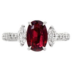 Natural No Heat Natural Ruby Diamond Platinum Three Stone Ring