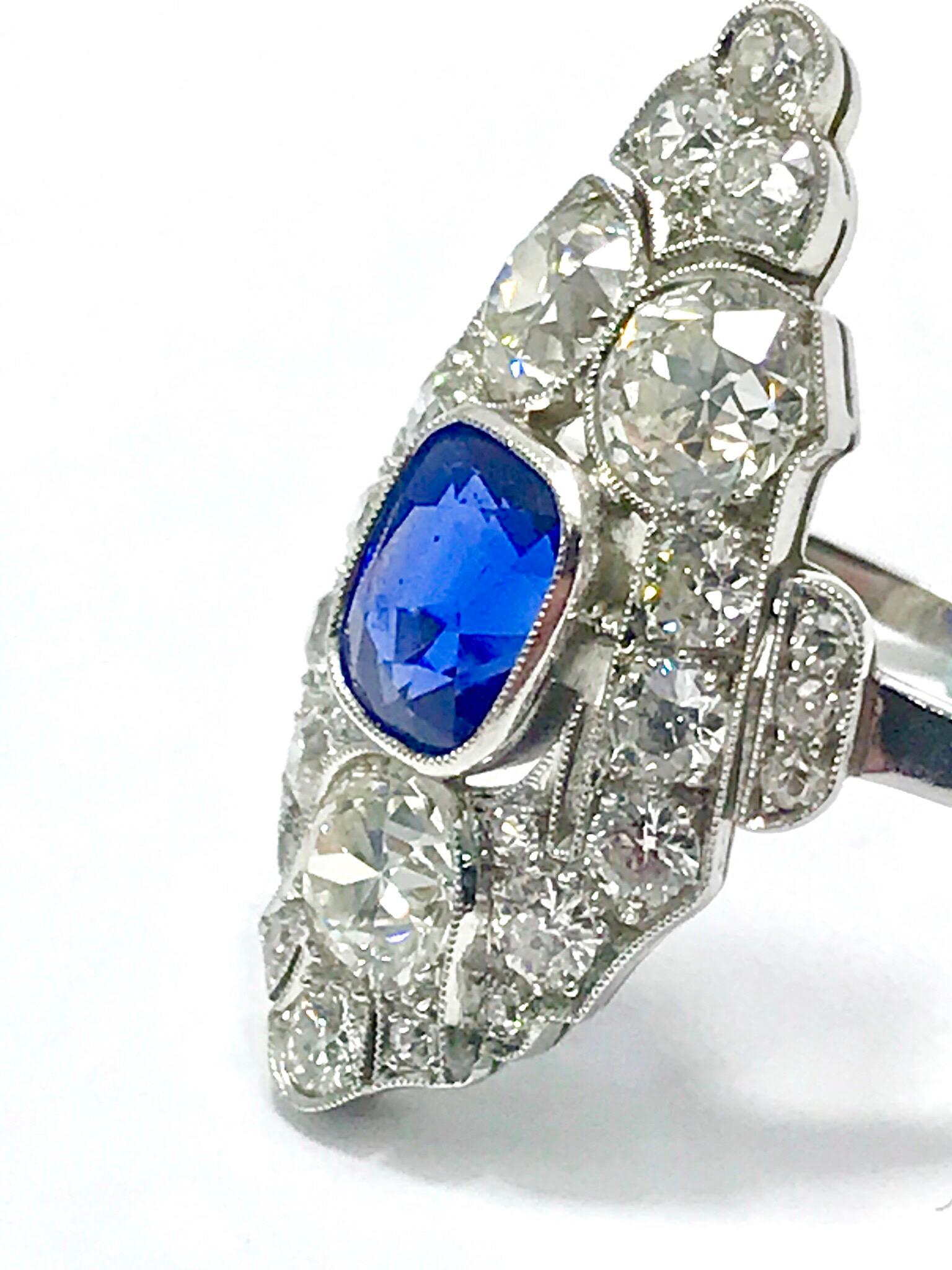 Natural No Heat Sapphire and Diamond Art Deco Style Platinum Ring In Excellent Condition In Chevy Chase, MD