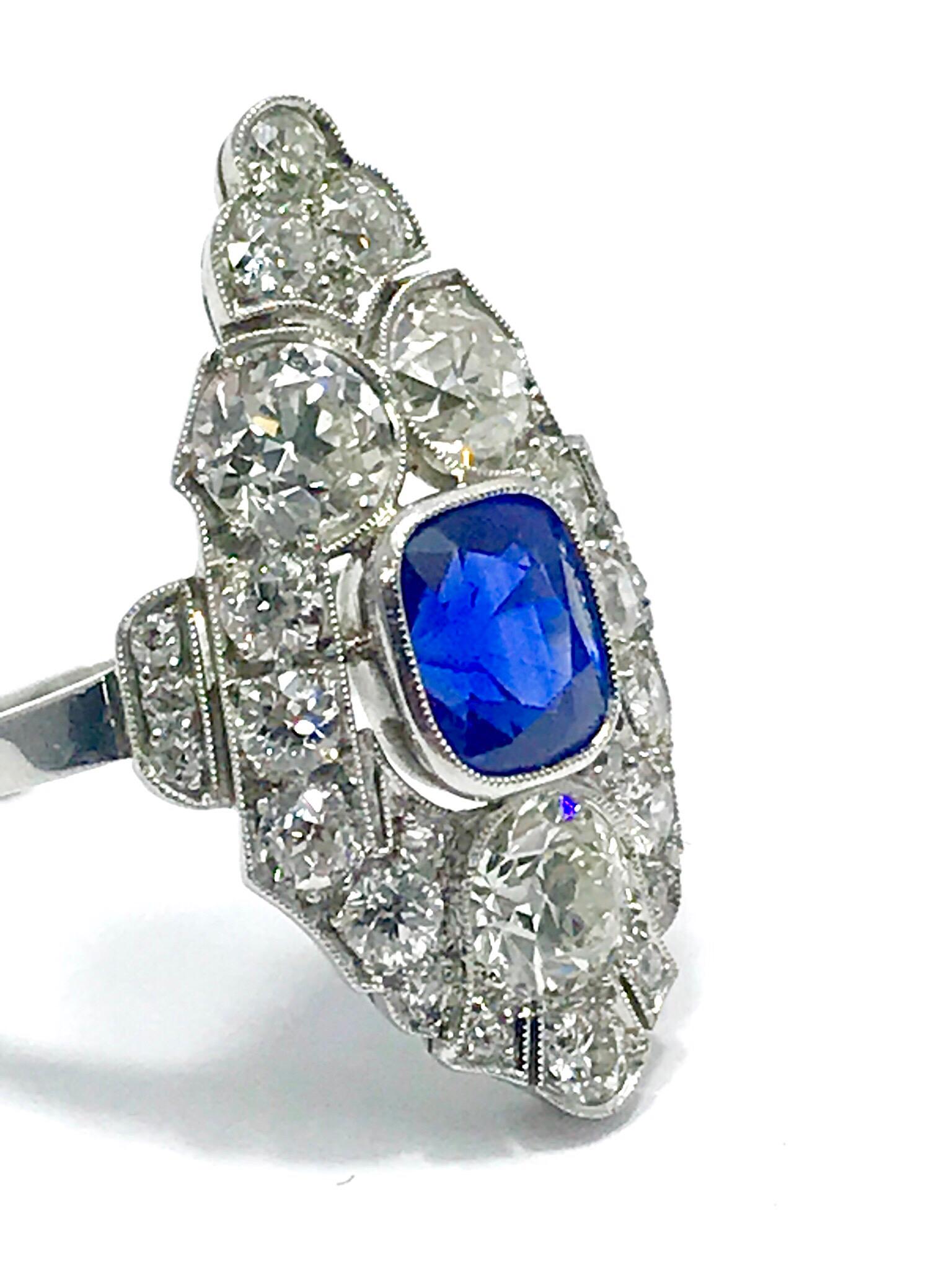 Women's or Men's Natural No Heat Sapphire and Diamond Art Deco Style Platinum Ring